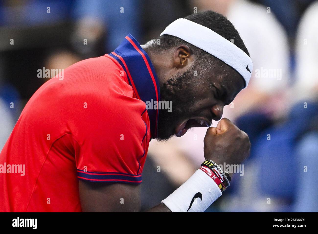 US Frances Tiafoe fête lors d'un match entre US Tiafoe et Britain's Murray, lors de la première partie du tournoi européen Open de tennis ATP, à Anvers, le mardi 19 octobre 2021. BELGA PHOTO LAURIE DIEFFEMBACQ Banque D'Images