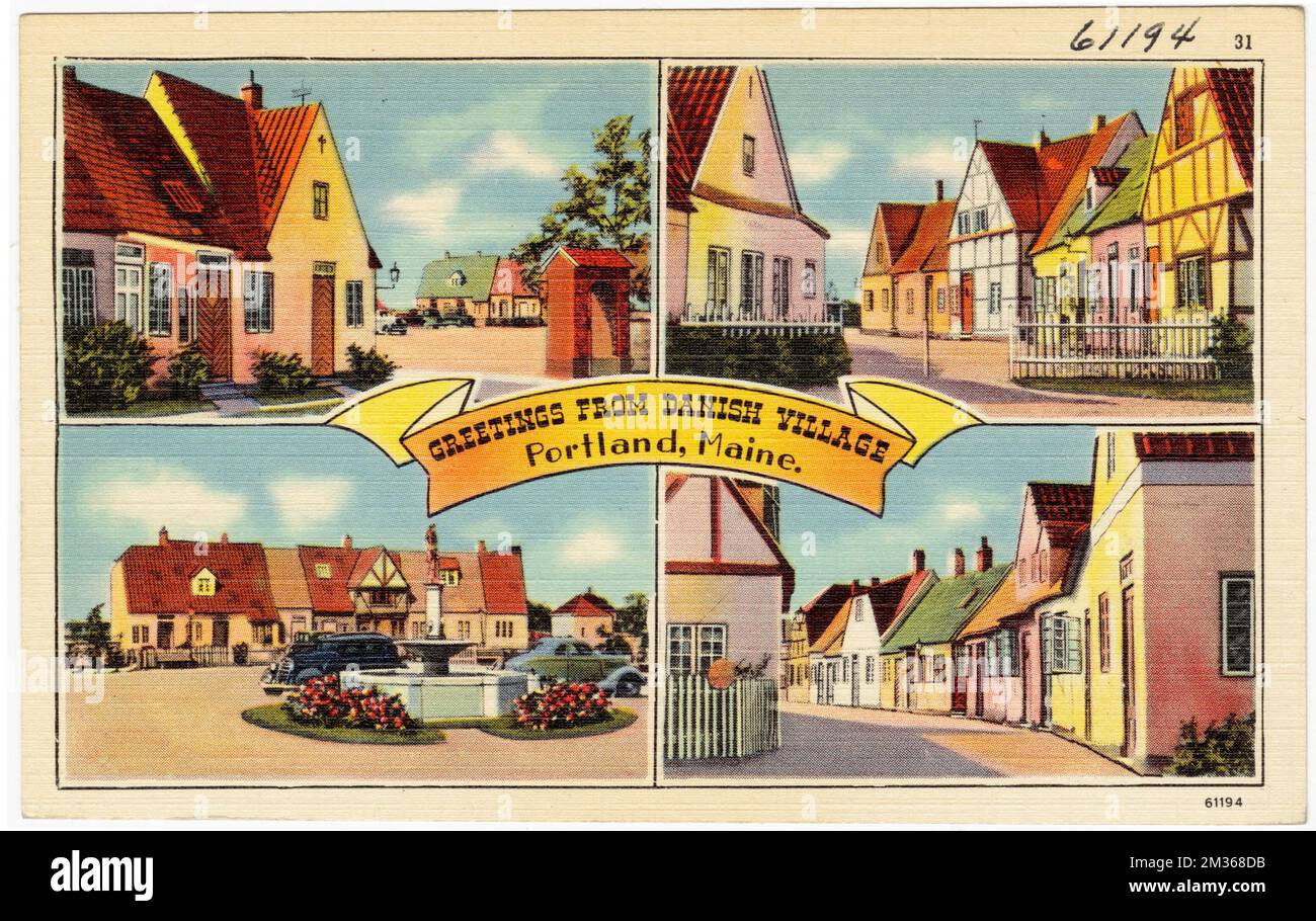 Salutations de Danish Village, Portland, Maine , Maisons, Tichnor Brothers Collection, Cartes postales des États-Unis Banque D'Images