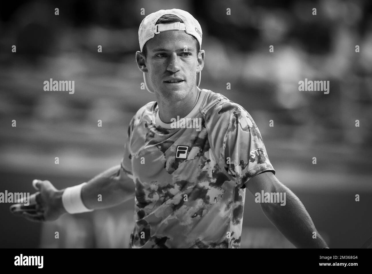 Argentine Diego Schwartzman photographié lors d'un match entre British Murray et l'Argentin Schwartzman, dans les finales 1/8 du tournoi européen Open de tennis ATP, à Anvers, le jeudi 21 octobre 2021. BELGA PHOTO DAVID PINTENS Banque D'Images