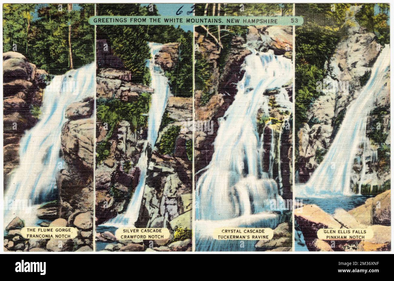 Salutations des White Mountains, New Hampshire , Waterfall, Tichnor Brothers Collection, cartes postales des États-Unis Banque D'Images