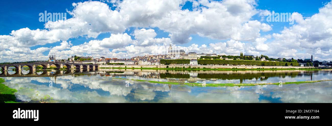 Blois, Vallée de la Loire, France : ligne d'horizon de Blois, ville sur les rives de la Loire avec pont Jacques Gabriel, capitale du département de Loir-et-cher en centre-ville Banque D'Images