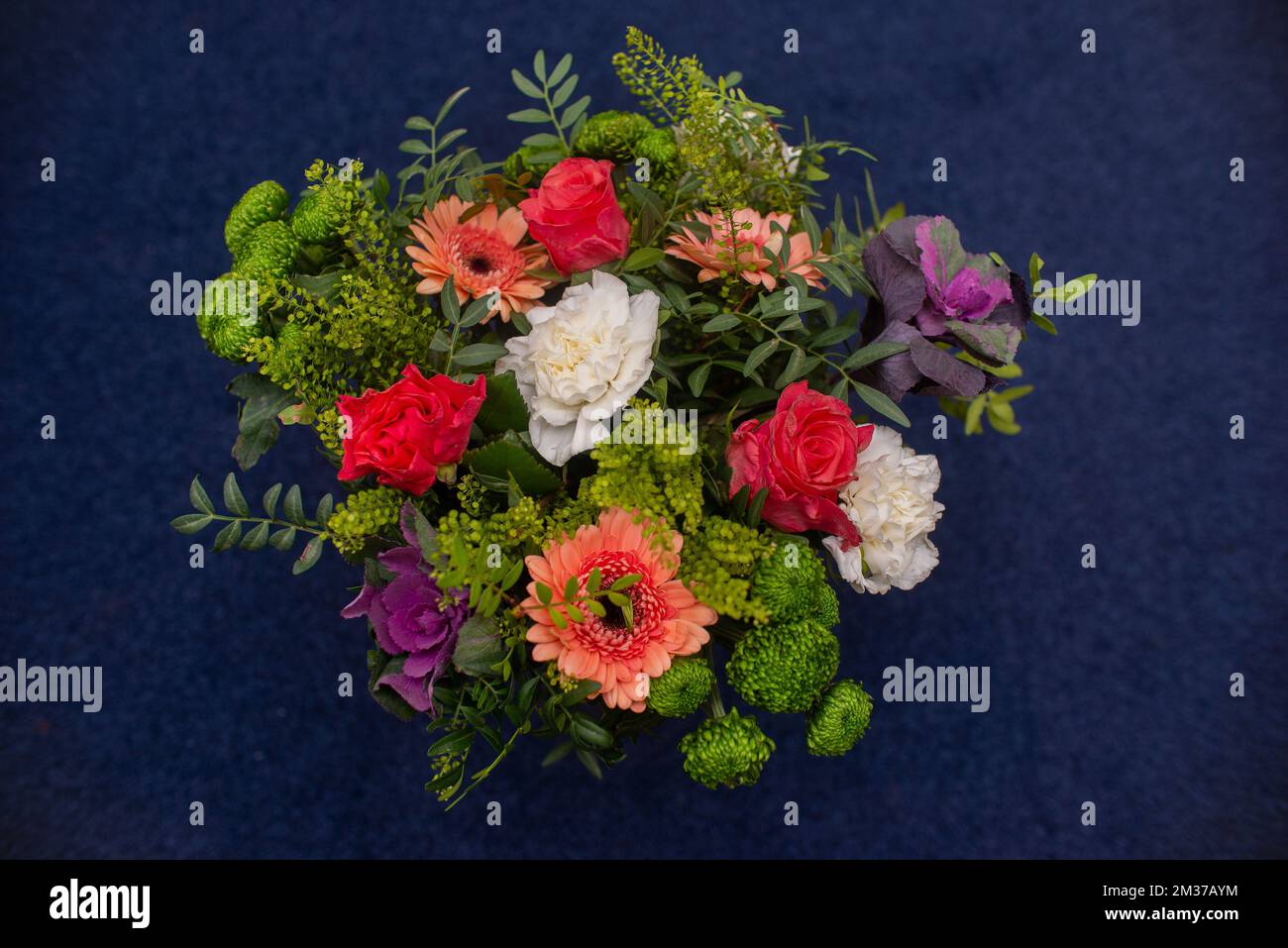 bouquet festif réalisé par un fleuriste professionnel, fleurs de gerbera, rose carnation, végétation d'eucalyptus Banque D'Images