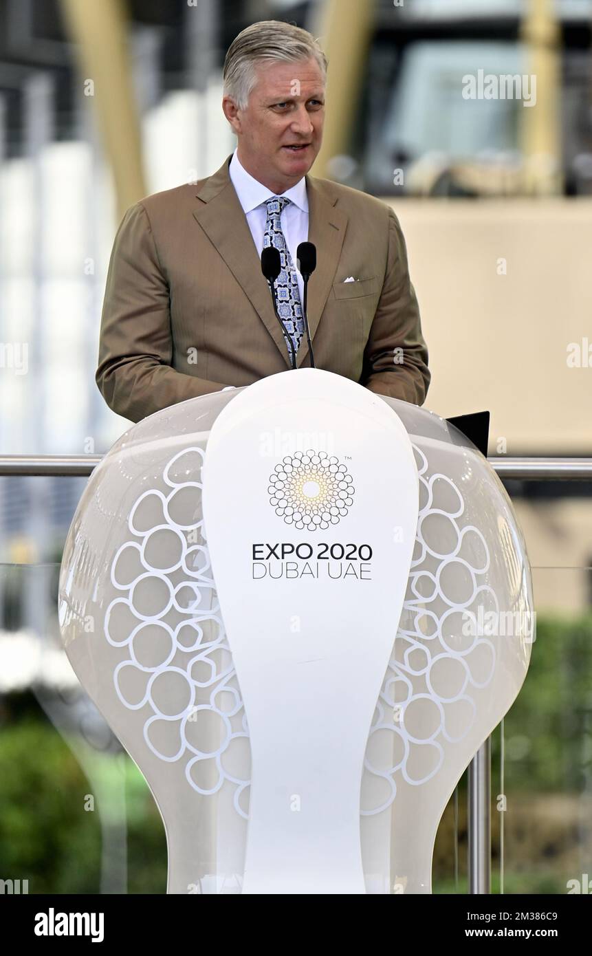 Le Roi Philippe - Filip de Belgique prononce un discours lors d'une visite à l'Expo 2020 de Dubaï, le dernier jour d'une visite officielle des Royals belges au Sultanat d'Oman et aux Émirats arabes Unis, le samedi 05 février 2022. BELGA PHOTO ERIC LALMAND Banque D'Images