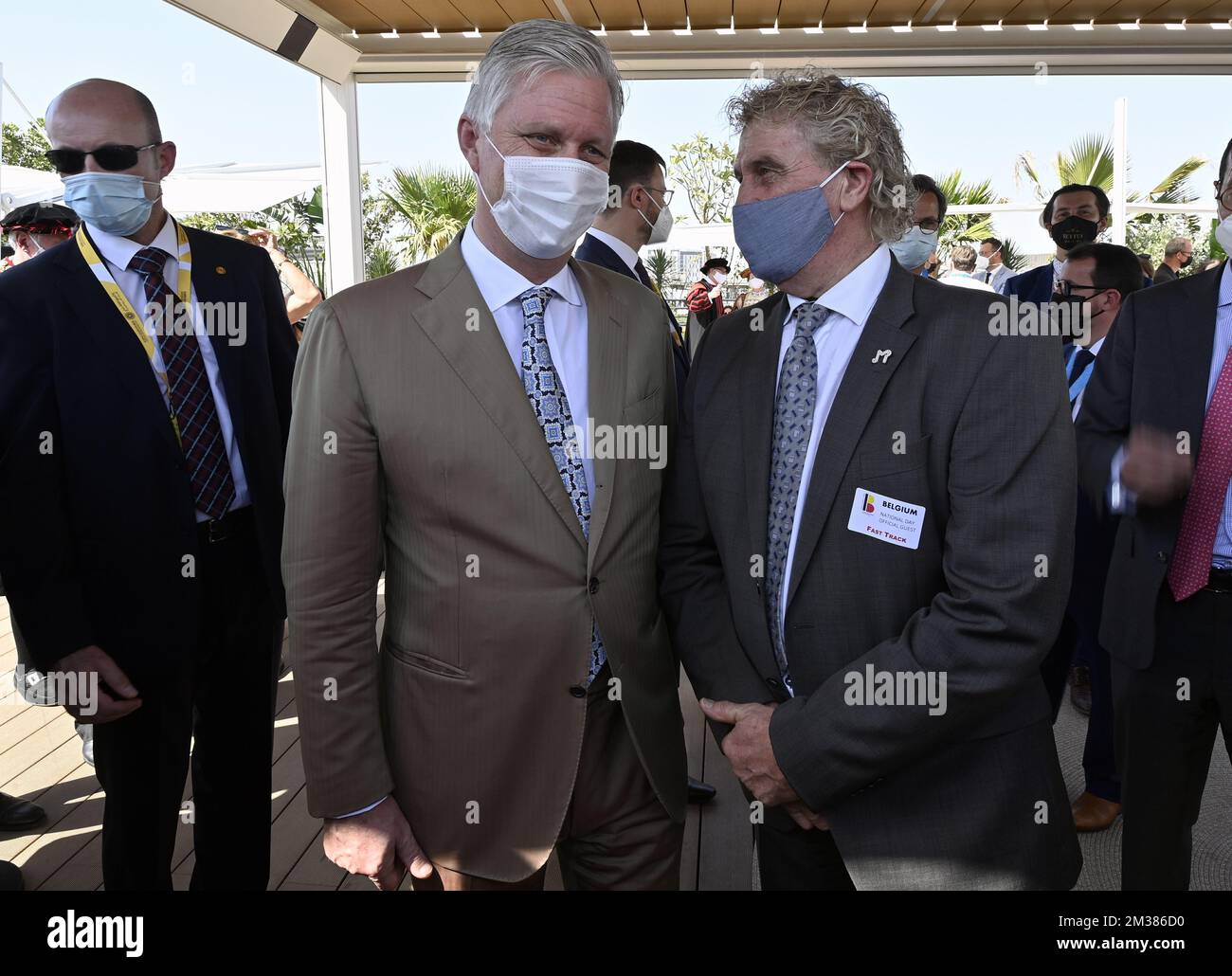 Roi Philippe - Filip de Belgique et ancien joueur de football, Jean-Marie Pfaff, photographié lors d'une visite à l'Expo de Dubaï 2020 le dernier jour d'une visite officielle des Royals belges au Sultanat d'Oman et aux Émirats arabes Unis, samedi 05 février 2022. BELGA PHOTO ERIC LALMAND Banque D'Images