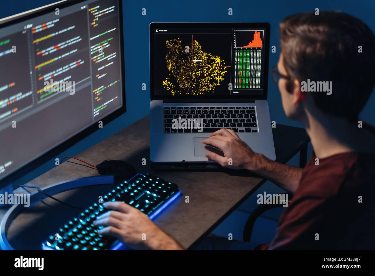 Vue arrière de l'homme chargé de la saisie de données sur le clavier sur le pc et l'ordinateur portable avec le code de programmation à l'écran, en utilisant le langage php pour l'application de codage, assis au bureau à domicile Banque D'Images