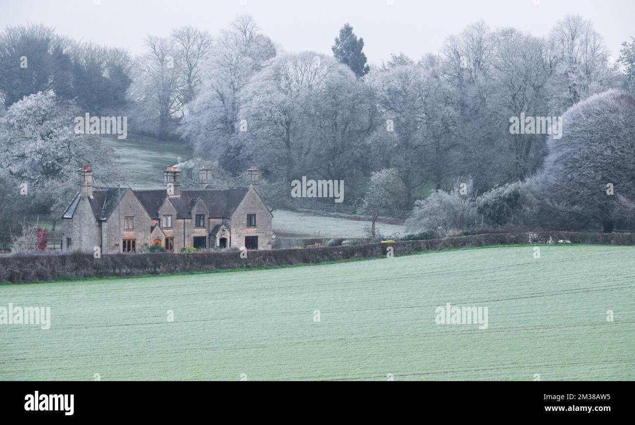 Maisons semi-détachées fabriquées à partir de calcaire local de magnésium dans la campagne du Derbyshire et arbres couverts de gel. Banque D'Images