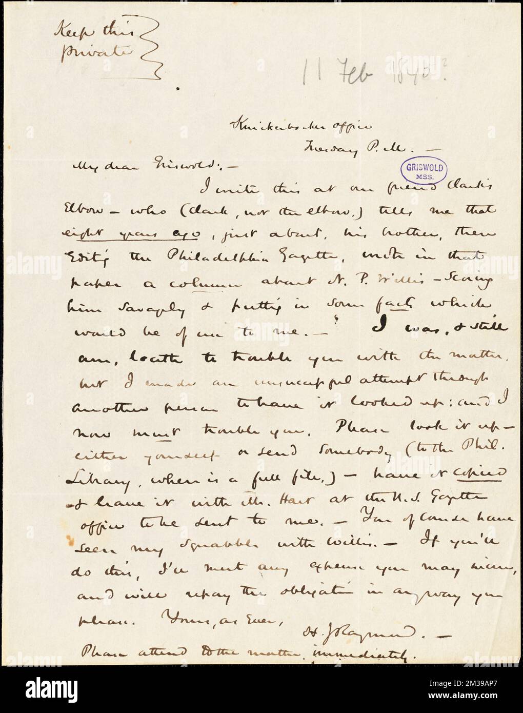 Henry Jarvis Raymond, Knickerbocker Office, New York, lettre autographe signée à R. W. Griswold, 11 février 1845 , littérature américaine, 19th Century, Histoire et critique, auteurs, American, 19th Century, correspondance, auteurs et éditeurs, Poets, American, 19th Century, Correspondence, Willis, Nathaniel Parker, 1806-1867. Papiers Rufus W. Griswold Banque D'Images