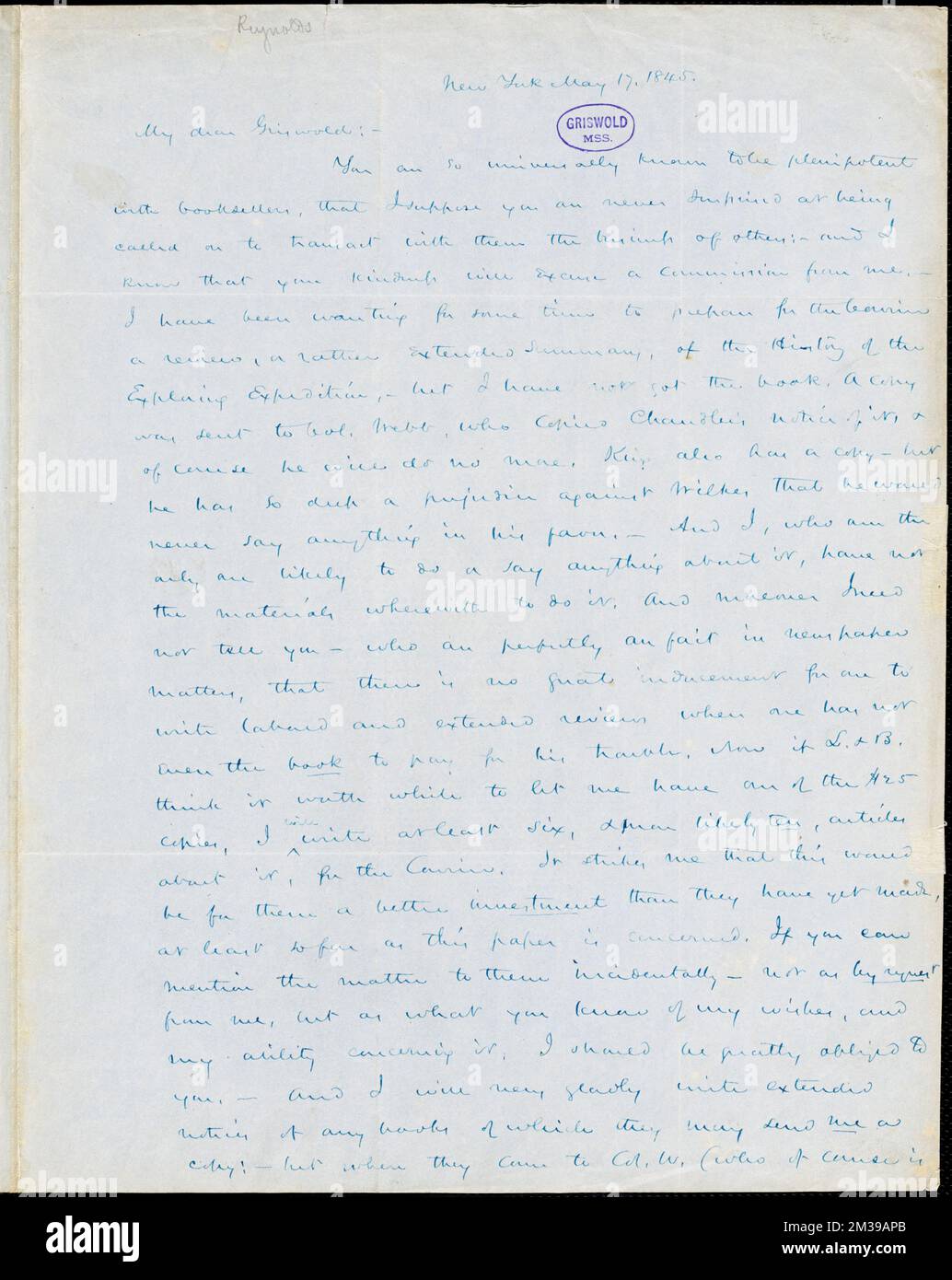 Henry Jarvis Raymond, New York, lettre autographe signée à R. W. Griswold, 17 mai 1845 , littérature américaine, 19th Century, Histoire et critique, auteurs, American, 19th Century, correspondance, auteurs et éditeurs, Poets, American, 19th Century, Correspondence, Willis, Nathaniel Parker, 1806-1867, Wilkes, Charles, 1798-1877. Papiers Rufus W. Griswold Banque D'Images