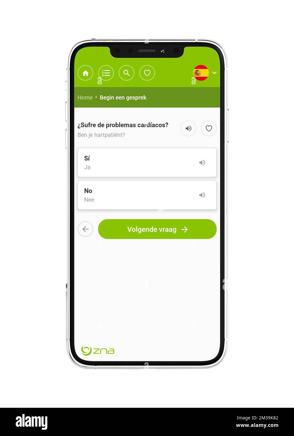 A L'ATTENTION DES ÉDITEURS - DISTRIBUER DES IMAGES - UTILISATION ÉDITORIALE AVEC L'HISTOIRE SUR ZNA SEULEMENT - CRÉDIT OBLIGATOIRE demande ZNA distribuer des images publiées le jeudi 21 avril 2022, par l'hôpital du réseau d'Anvers (ZNA) montre l'application de langue du smartphone ZNA de l'hôpital du réseau d'Anvers (ZNA). En tant que premier hôpital du Benelux, ZNA a développé une application linguistique avec l'organisation d'interprétation Global Talk. Cette application représente une avancée majeure pour les contacts avec des patients non natifs. Par exemple, 180 nationalités vivent dans la ville d'Anvers. À ZNA cela se traduit par 200 000 con Banque D'Images