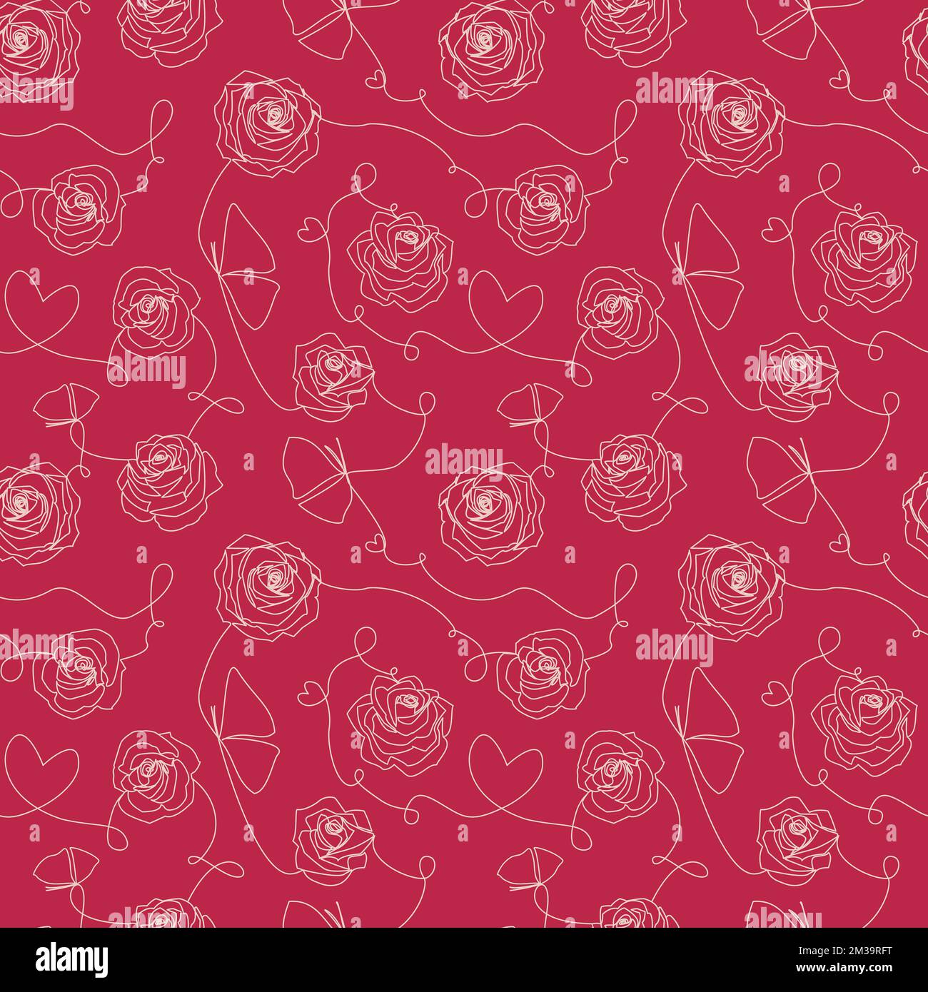 Une ligne dessinant l'art contemporain abstrait Motif moderne sans couture avec roses fleurs, coeurs, papillons fait par ligne blanche continue sur Viva Mage Banque D'Images