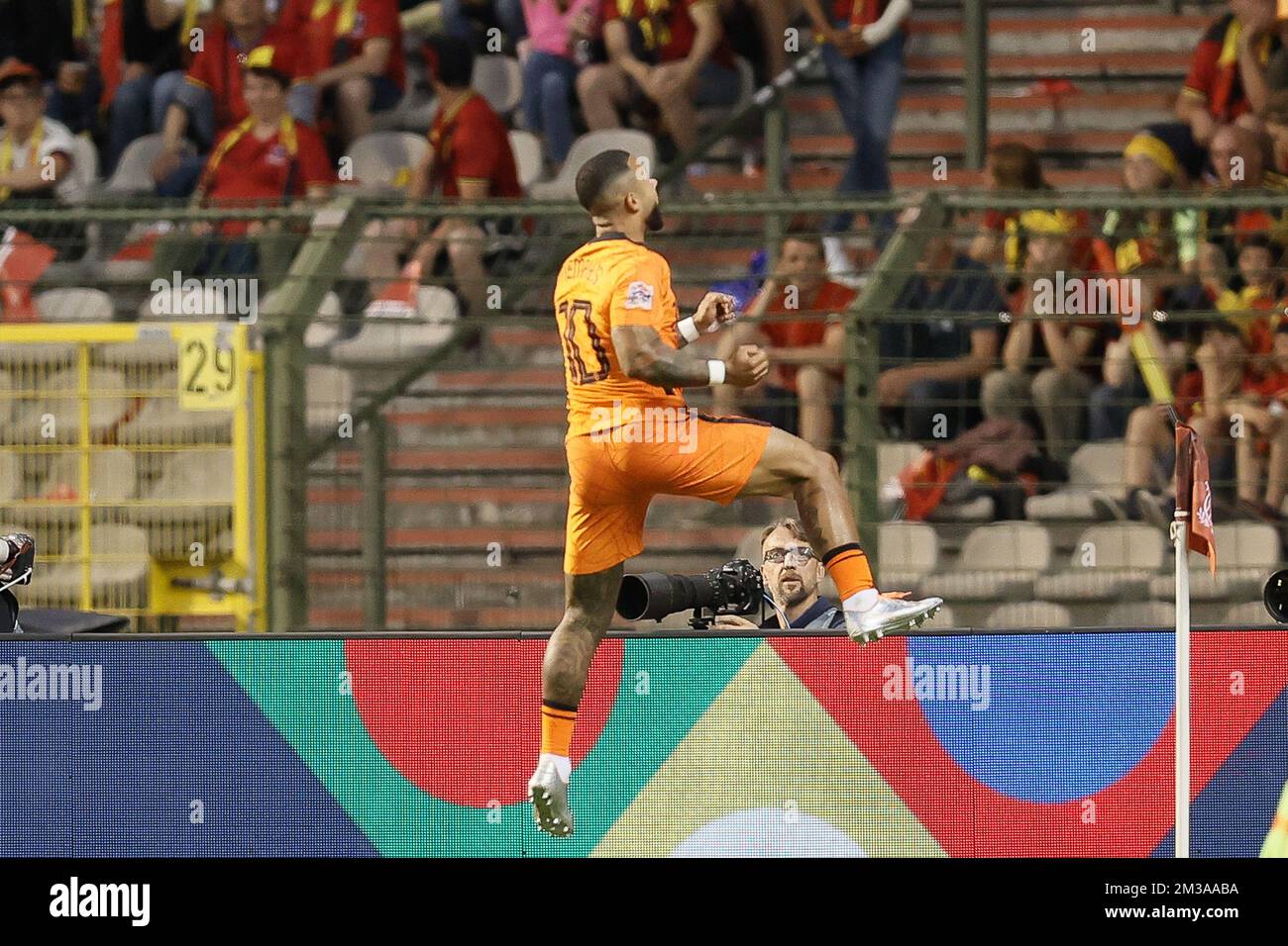 Le Memphis Delay des pays-Bas célèbre après avoir misé lors d'un match de football entre l'équipe nationale belge des Red Devils et les pays-Bas, le vendredi 03 juin 2022 à Bruxelles, le premier match (sur six) dans la scène de groupe de la Ligue des Nations A. BELGA PHOTO BRUNO FAHY Banque D'Images