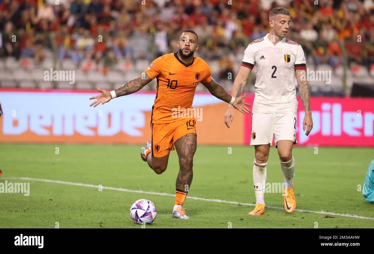 Le Memphis Delay des pays-Bas célèbre après avoir misé lors d'un match de football entre l'équipe nationale belge des Red Devils et les pays-Bas, le vendredi 03 juin 2022 à Bruxelles, le premier match (sur six) dans la scène de groupe de la Ligue des Nations A. BELGA PHOTO VIRGINIE LEFOUR Banque D'Images