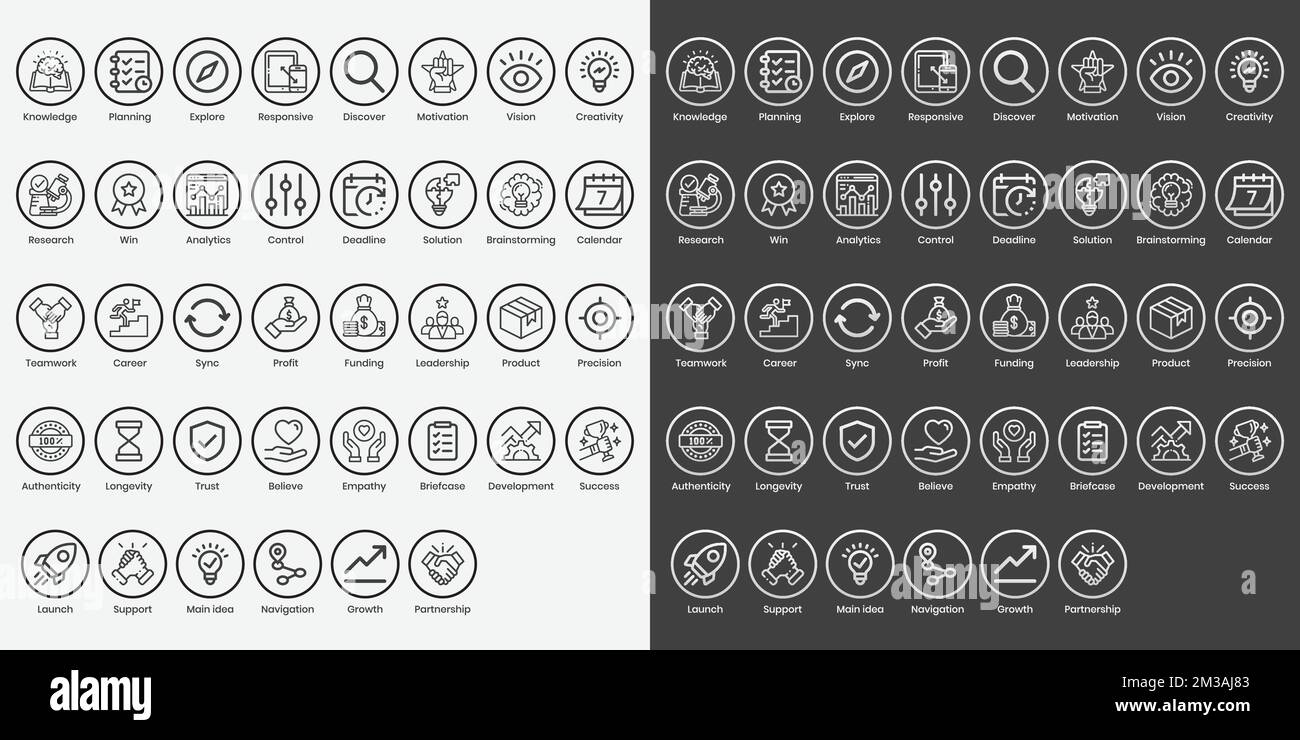 Jeu d'icônes de vecteur de démarrage. série d'icônes noir et blanc avec ligne et contour. Illustration de Vecteur