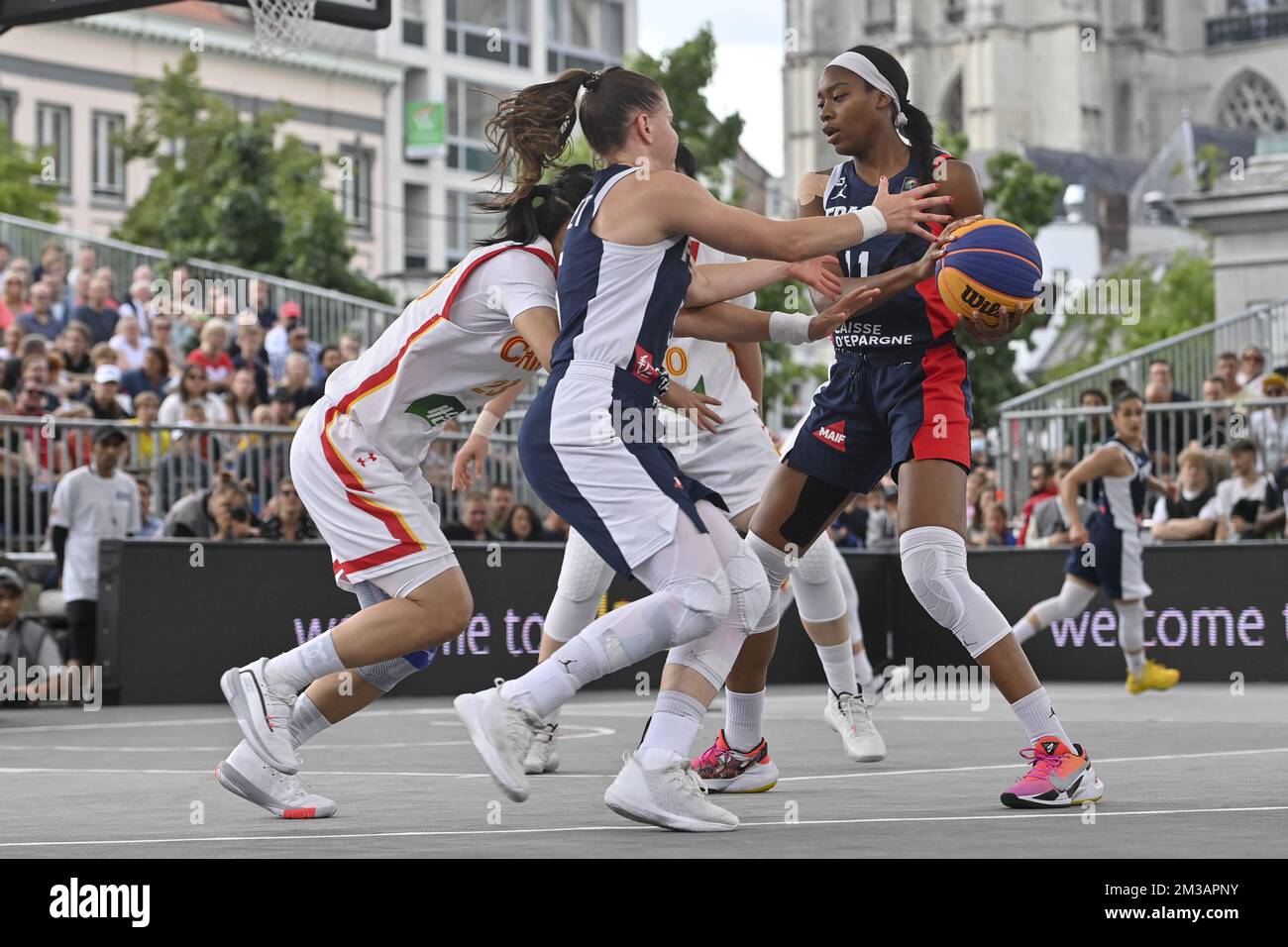 Myriam Djekoundade française photographiée lors d'un match de basket-ball  3x3 entre la France et la Chine, dans la demi-finale féminine à la coupe du  monde FIBA 2022, dimanche 26 juin 2022, à