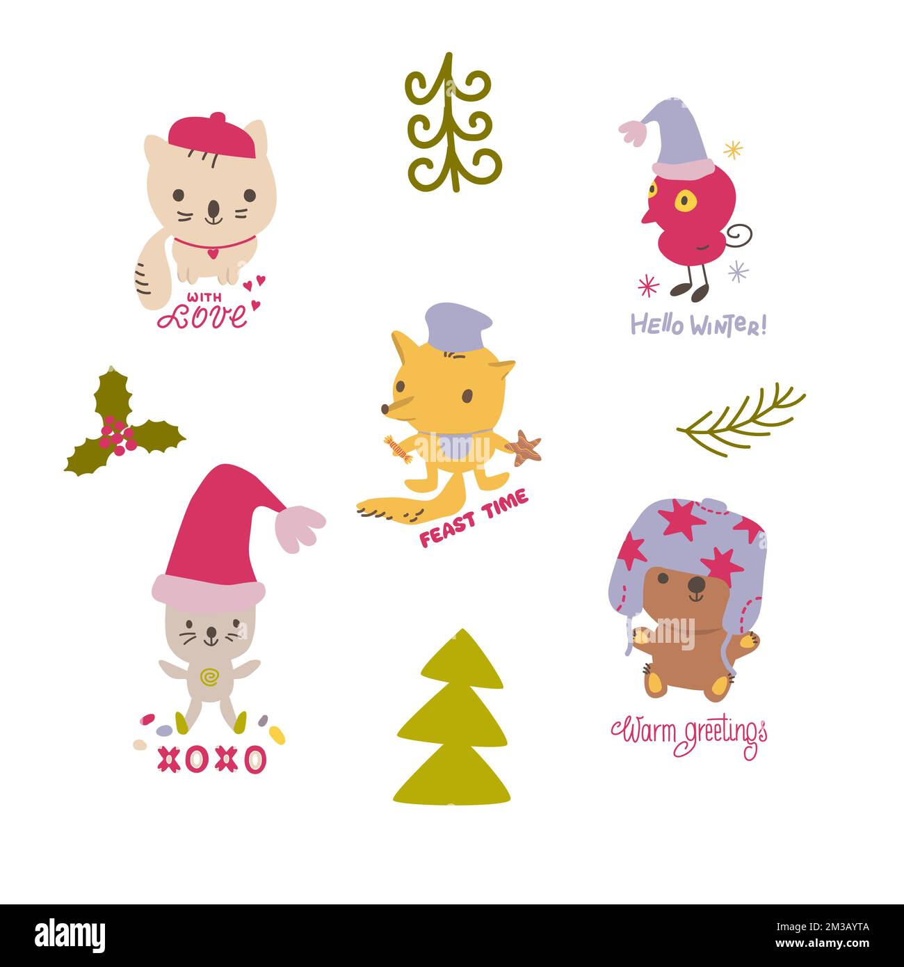 Collection d'animaux mignons de style kawaii dessinés à la main. Doodle illustration isolée avec les animaux Illustration de Vecteur