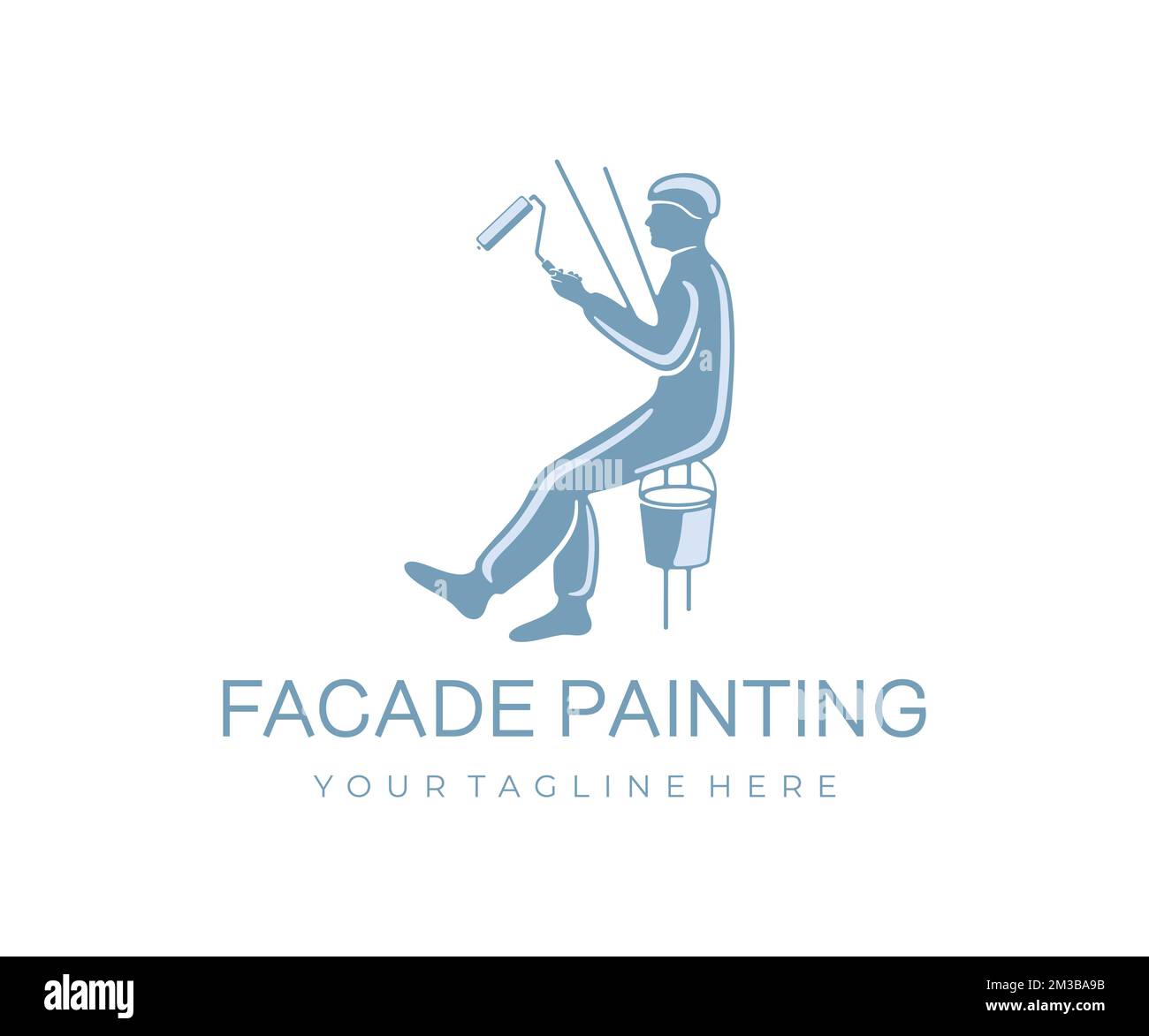 Constructeur, peintre, grimpeur peint la façade avec rouleau et seau de peinture, conception de logo. Grimpeur industriel peindre le mur du bâtiment, la construction Illustration de Vecteur
