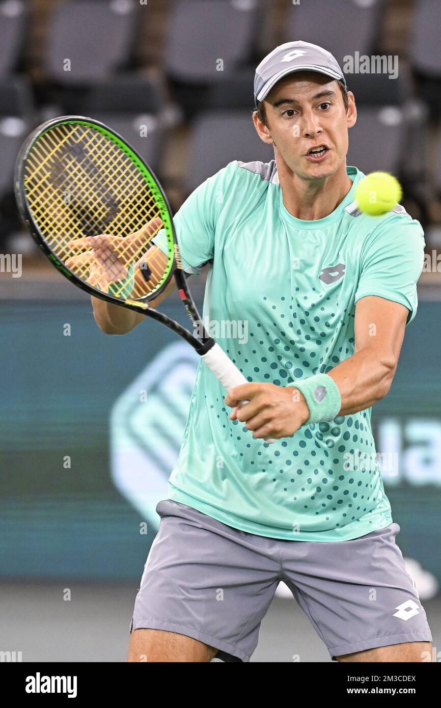 Joran Vliegen Belge photographié en action au cours d'une session de formation de l'équipe belge avant la phase de groupe des finales de la coupe Davis 2022, lundi 12 septembre 2022, à Hambourg, en Allemagne. La Belgique se disputera du 13 au 18 septembre contre l'Australie, l'Allemagne et la France dans le groupe C. BELGA PHOTO LAURIE DIEFFEMBACQ Banque D'Images