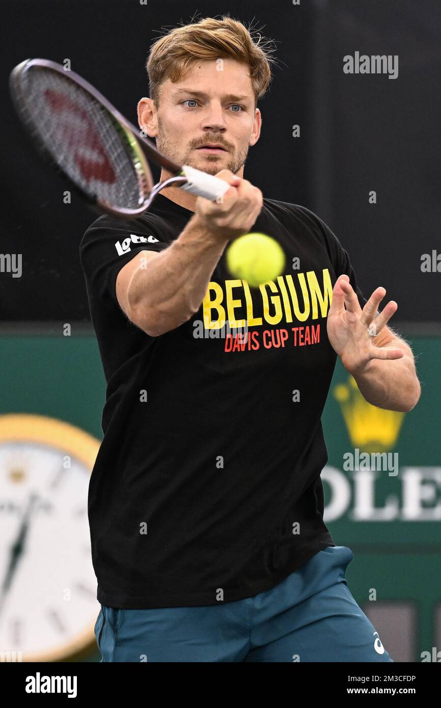 Belge David Goffin photographié en action lors d'une session de formation de l'équipe belge lors de la phase de groupe de la coupe Davis 2022, vendredi 16 septembre 2022, à Hambourg, en Allemagne. La Belgique se disputera du 13 au 18 septembre contre l'Australie, l'Allemagne et la France dans le groupe C. BELGA PHOTO LAURIE DIEFFEMBACQ Banque D'Images