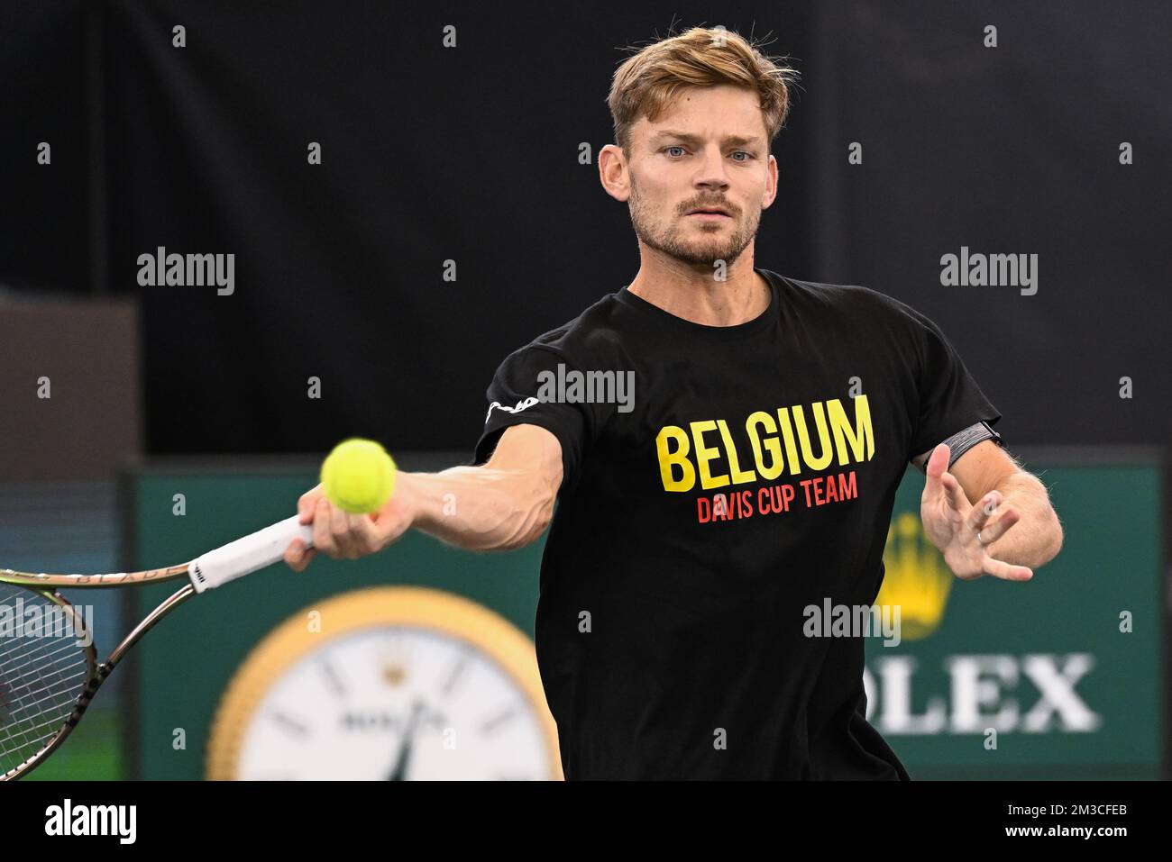 Belge David Goffin photographié en action lors d'une session de formation de l'équipe belge lors de la phase de groupe de la coupe Davis 2022, vendredi 16 septembre 2022, à Hambourg, en Allemagne. La Belgique se disputera du 13 au 18 septembre contre l'Australie, l'Allemagne et la France dans le groupe C. BELGA PHOTO LAURIE DIEFFEMBACQ Banque D'Images