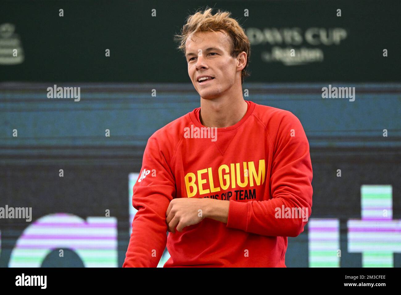 Michael Geerts Belge photographié lors d'une session d'entraînement de l'équipe belge lors de la phase de groupe de la finale de la coupe Davis 2022, vendredi 16 septembre 2022, à Hambourg, en Allemagne. La Belgique se disputera du 13 au 18 septembre contre l'Australie, l'Allemagne et la France dans le groupe C. BELGA PHOTO LAURIE DIEFFEMBACQ Banque D'Images