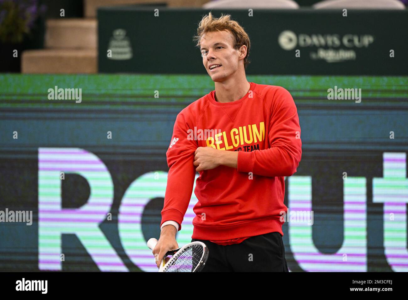 Michael Geerts Belge photographié lors d'une session d'entraînement de l'équipe belge lors de la phase de groupe de la finale de la coupe Davis 2022, vendredi 16 septembre 2022, à Hambourg, en Allemagne. La Belgique se disputera du 13 au 18 septembre contre l'Australie, l'Allemagne et la France dans le groupe C. BELGA PHOTO LAURIE DIEFFEMBACQ Banque D'Images