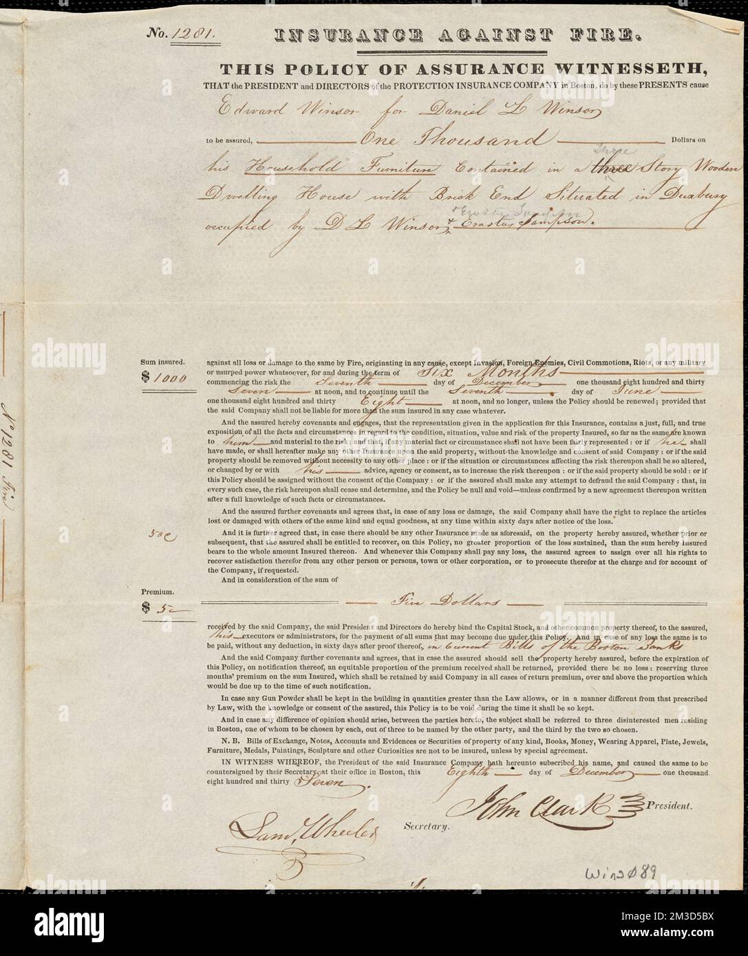 Police d'assurance pour Daniel L. Winsor pour meubles de maison , mobilier de maison. Lettres et documents divers de la famille Winsor 1820-1915 Banque D'Images