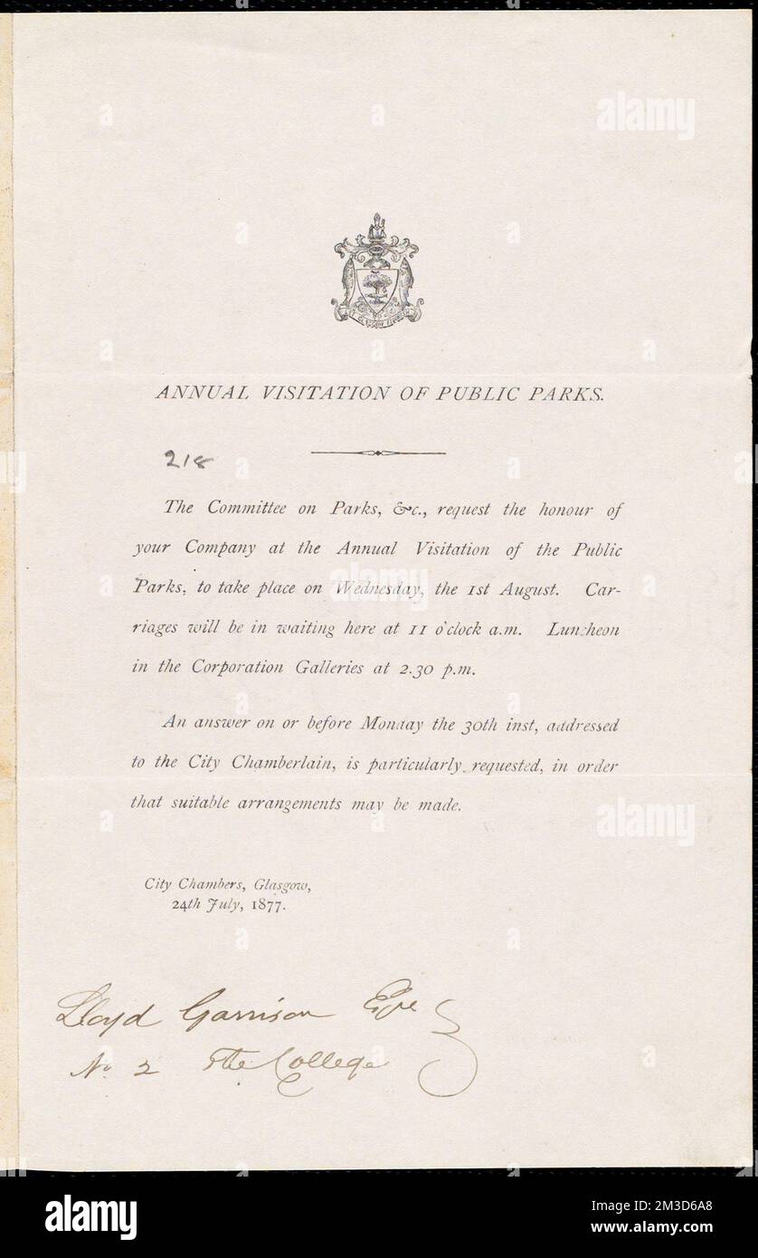 Invitation à la visite annuelle des parcs publics , mouvements d'Antislavery, États-Unis, Histoire, 19th siècle, Abolitionnistes, États-Unis, 19th Century, correspondance, réformateurs sociaux, Etats-Unis, Histoire, 19th Century, mouvements d'Antislavery, Etats-Unis, Abolitionnistes, Etats-Unis, Histoire, 19th siècle, réformateurs sociaux, États-Unis, Glasgow Écosse. Comité des parcs, Garrison, William Lloyd, 1805-1879 Banque D'Images