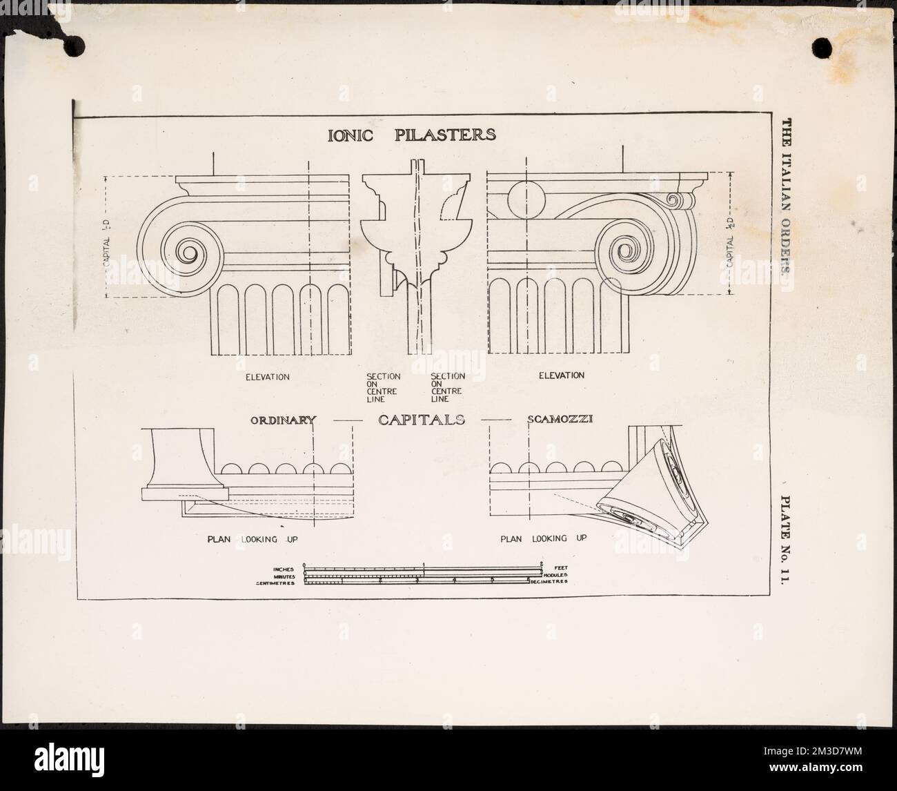 Les commandes italiennes, plaque n° 11, Pilastres ioniques , colonnes capitales, ordres architecturaux. Collection de photographies du Massachusetts WPA Federal Art Project Banque D'Images