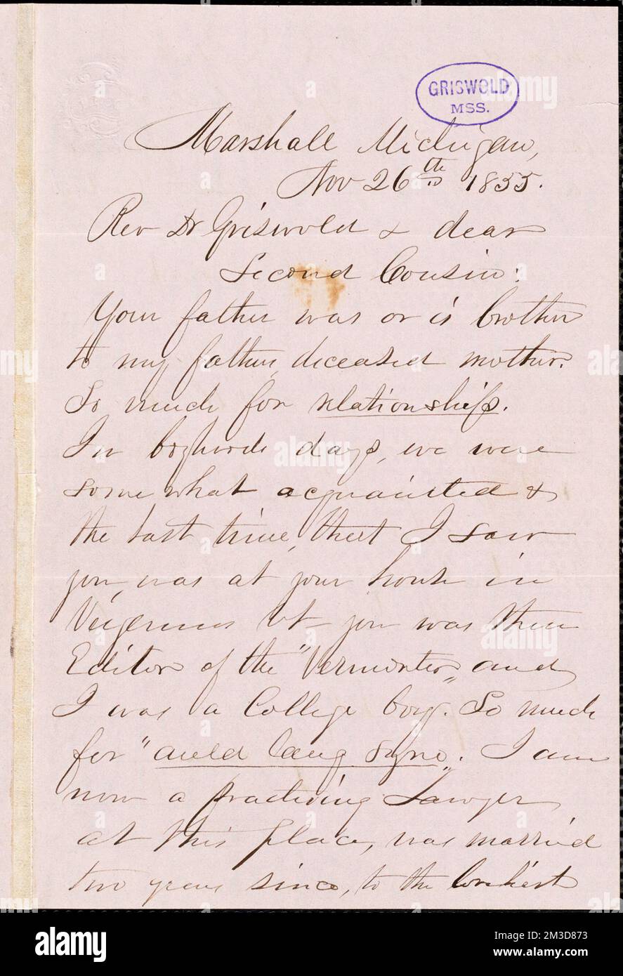 J. E. Tenney, Marshall, MI., lettre autographe signée à R. W. Griswold, 26 novembre 1855 , littérature américaine, 19th Century, Histoire et critique, auteurs, American, 19th Century, correspondance, auteurs et éditeurs, Poets, Américain, 19th siècle, correspondance. Papiers Rufus W. Griswold Banque D'Images