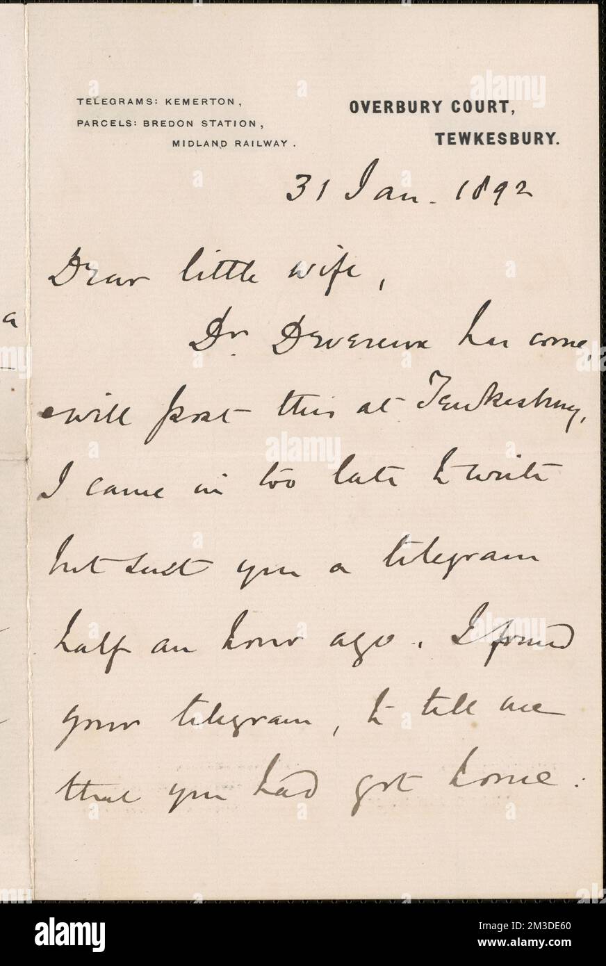[John Biddulph Martin] note autographe à [Victoria Woodhull Martin], Tewkesbury, [Angleterre], 31 janvier 1892 , Féministes, États-Unis, suffragistes. Victoria Woodhull Martin Papers Banque D'Images