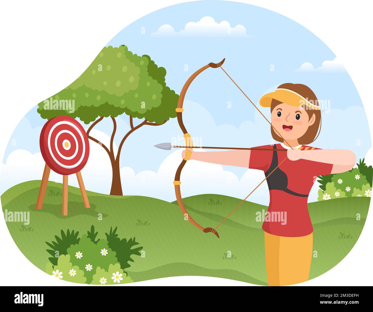 Sport de tir à l'arc avec un arc et une flèche pointant vers Target pour une activité de loisir en plein air sur un dessin animé à la main Illustration de Vecteur