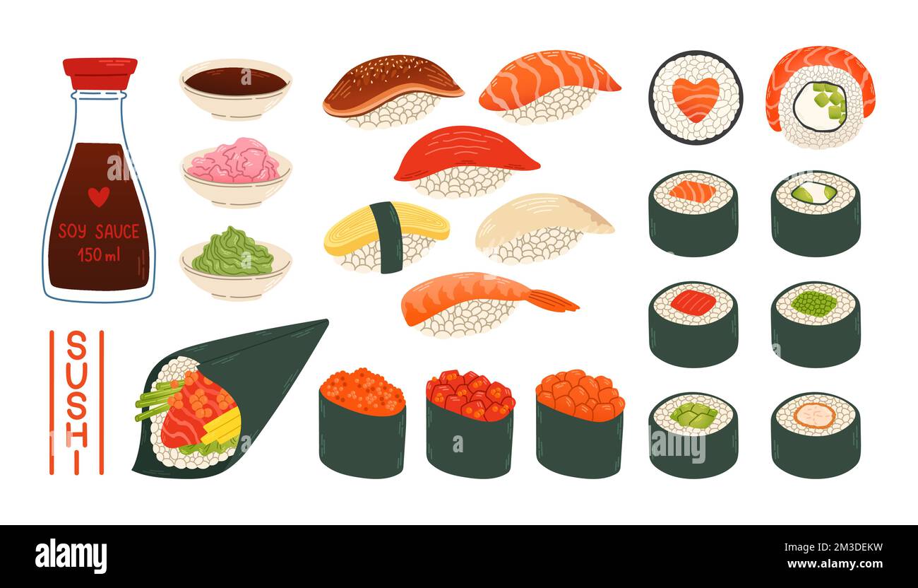 Petits pains sushi gunkan temaki sauce soya gingembre wasabi ensemble japon asiatique vecteur alimentaire logo pack design isolé Illustration de Vecteur