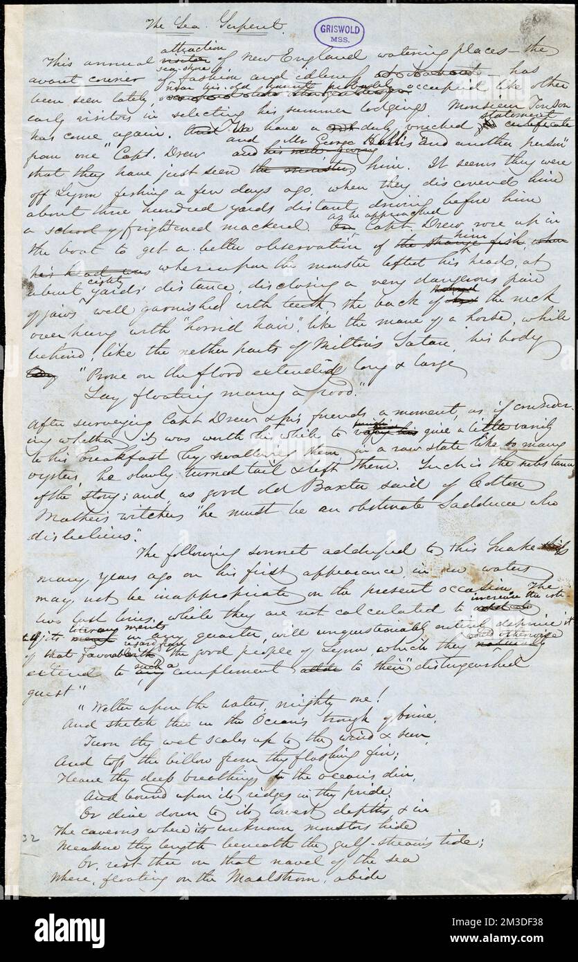 Articles manuscrits de John Greenleaf Whittier, [après mai 1847]: 'The Sea Serpent' et 'Daniel O'Connell'. , Littérature américaine, 19th siècle, Histoire et critique, auteurs, American, 19th Century, correspondance, auteurs et éditeurs, Poets, Américain, 19th siècle, correspondance. Papiers Rufus W. Griswold Banque D'Images