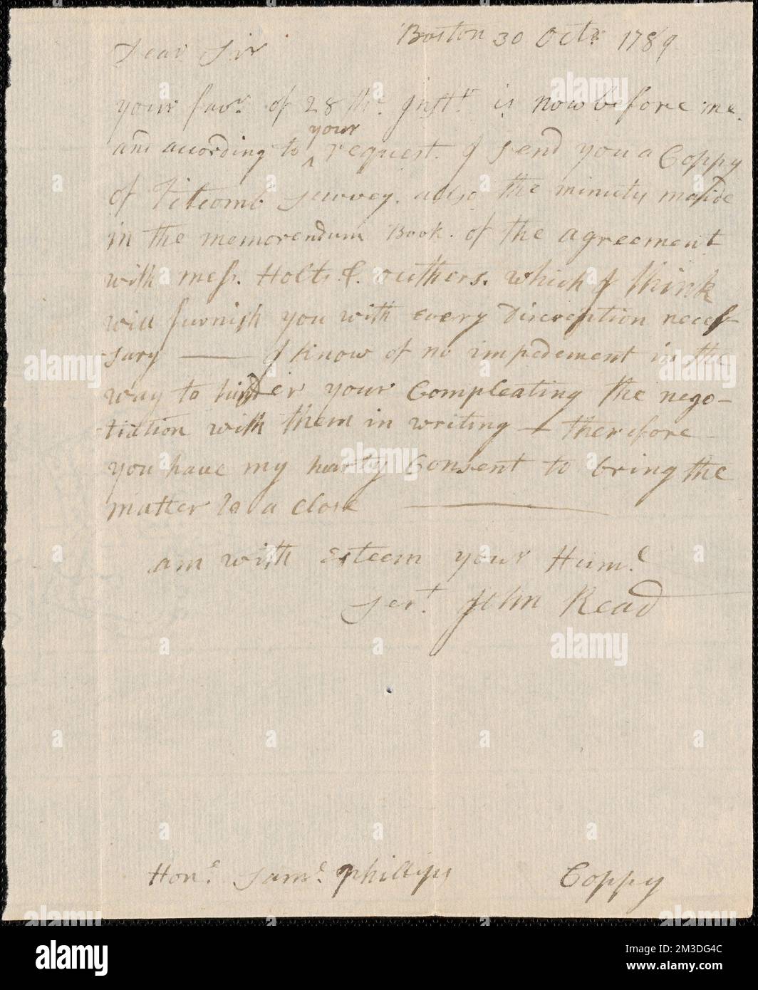 John Read to Samuel Phillips, 30 octobre 1789 , public Land Sales, États-Unis, Massachusetts, politique et gouvernement, 1775-1865, Maine, politique et gouvernement, 1775-1865, États-Unis, Histoire, Révolution, 1775-1783, revendications, Canada, Frontières, États-Unis Banque D'Images