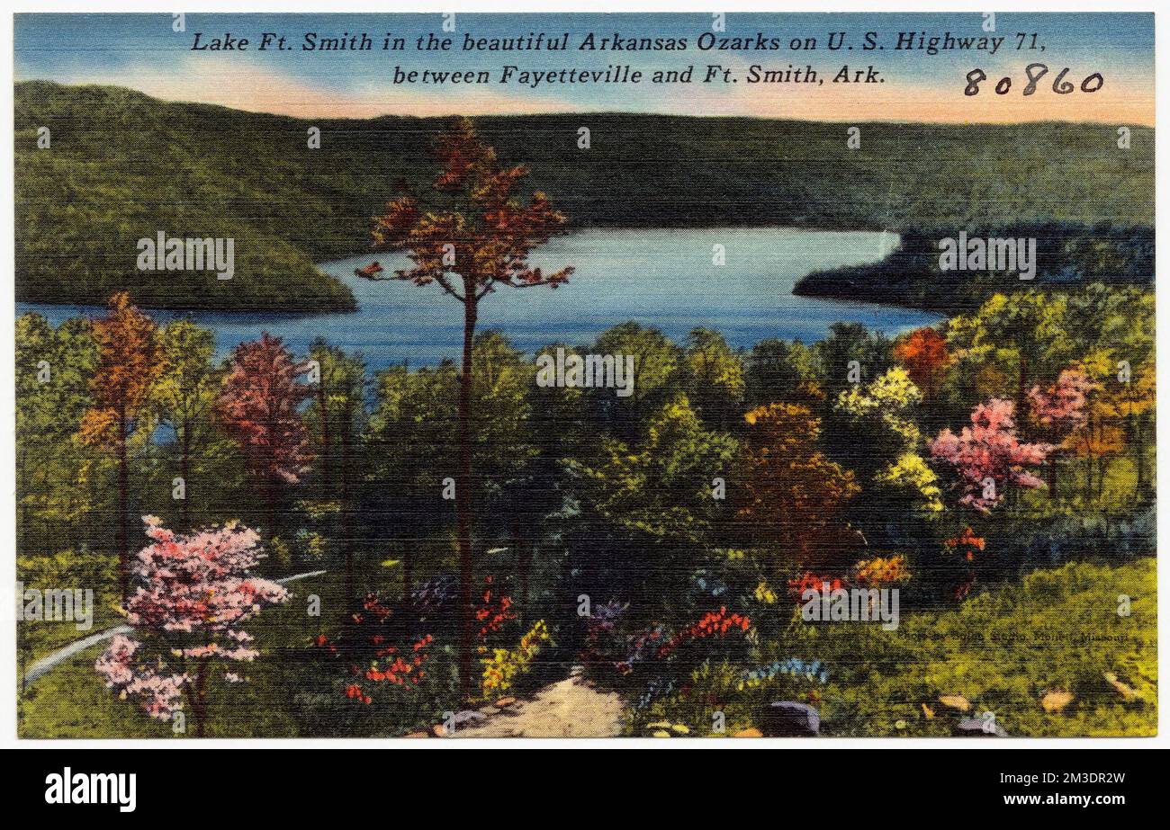 Lac de ft. Smith dans la belle Arkansas Ozarks sur l'autoroute américaine 71, entre Fayetteville et ft. Smith, Arche. , Lakes & étangs, Collection Tichnor Brothers, cartes postales des États-Unis Banque D'Images