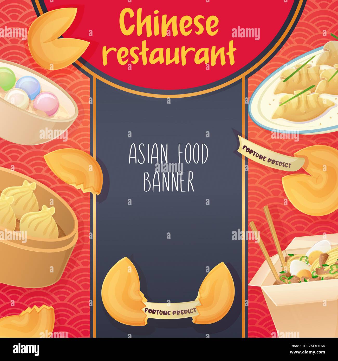 Modèle de circulaire pour restaurant chinois. Affiche asiatique, boulettes, wok de nouilles, dim sum. Illustration de Vecteur