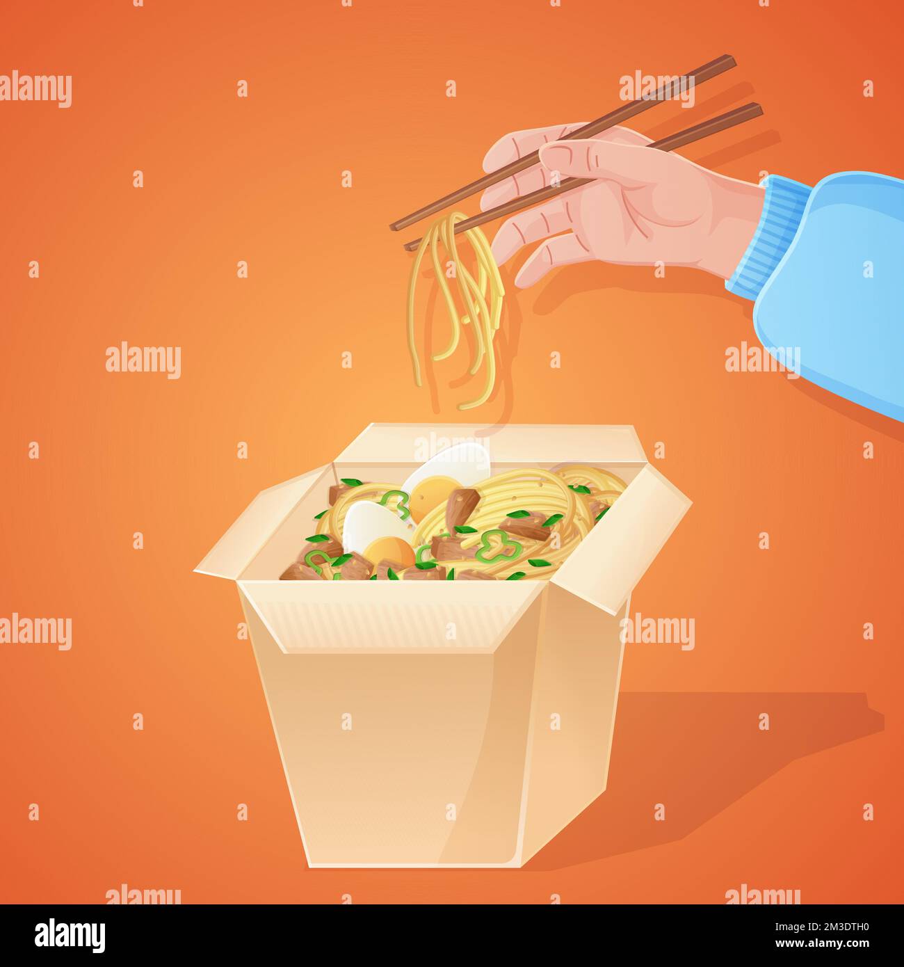 À la main avec des baguettes en prenant des nouilles wok. Cuisine asiatique, affiche Orange Square. Illustration de Vecteur