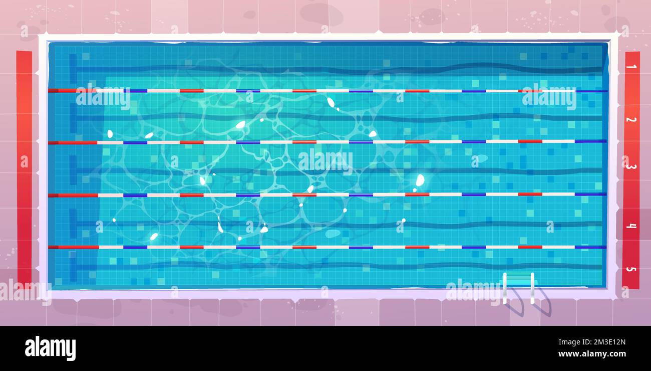 Piscine sportive, vue de dessus avec eau rippé bleu, sol en céramique et voies ou chemins pour se rafraîchir. Réservoir vide pour la natation, la compétition sportive, la remise en forme ou l'entraînement d'aquagym, dessin vectoriel de dessin animé Illustration de Vecteur