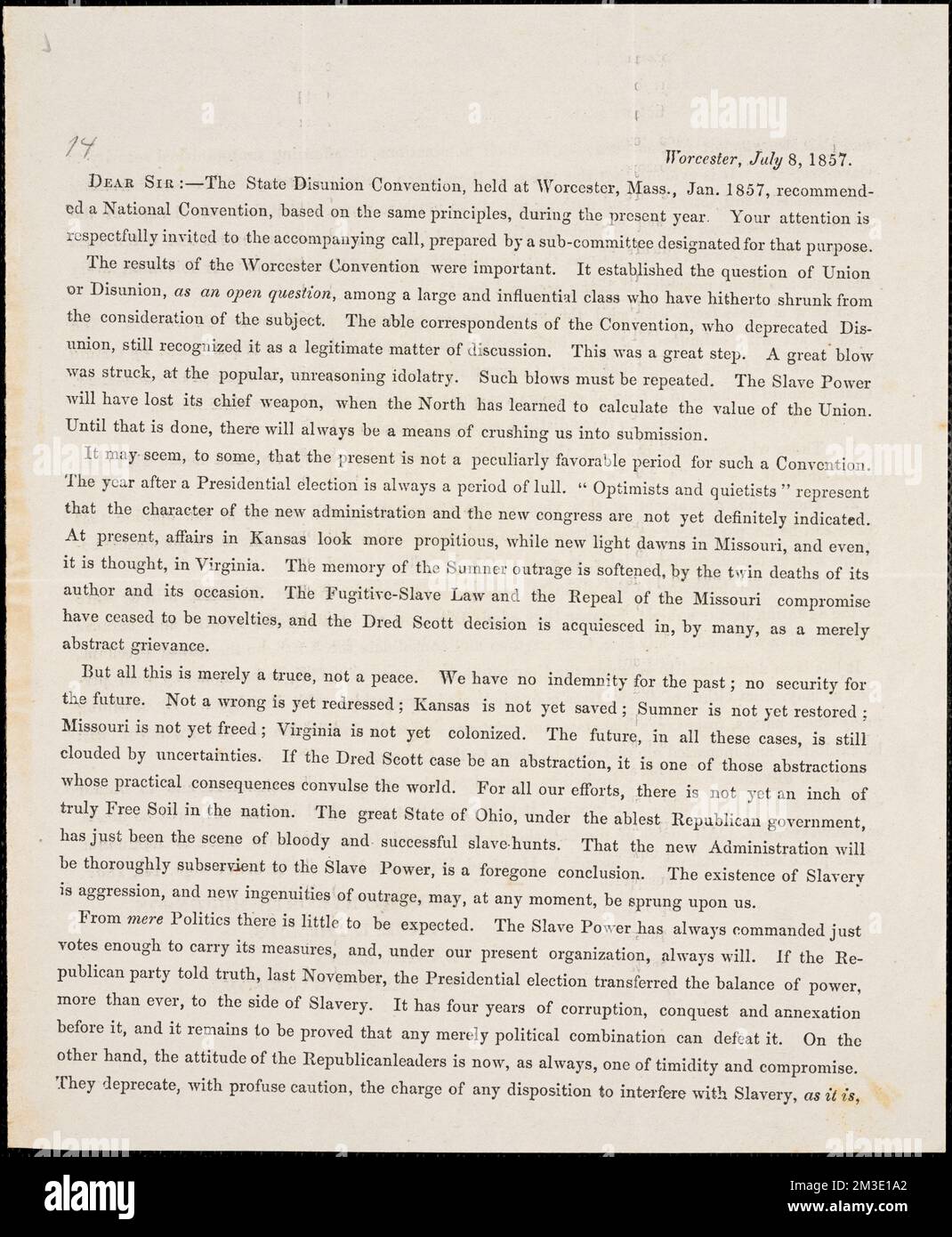 Lettre de Thomas Wentworth Higginson, William Lloyd Garrion, Daniel Mann et Wendell Phillips, Worcester, [Massachusetts], 1857 8 juillet , Abolitionnistes, États-Unis, 19th Century, correspondance, Mouvements d'Antislavery, États-Unis, Histoire, 19th siècle, Sécession, Etats-Unis, Histoire, 19th siècle, Slavery, aspects politiques, Etats-Unis, Histoire, 19th siècle, social réformateurs, Etats-Unis, Histoire, 19th siècle, Abolitionnistes, États-Unis, Histoire, 19th Century, mouvements d'Antislavery, États-Unis, Sécession, réformateurs sociaux, États-Unis, Parti républicain États-Unis : 1854- , S Banque D'Images