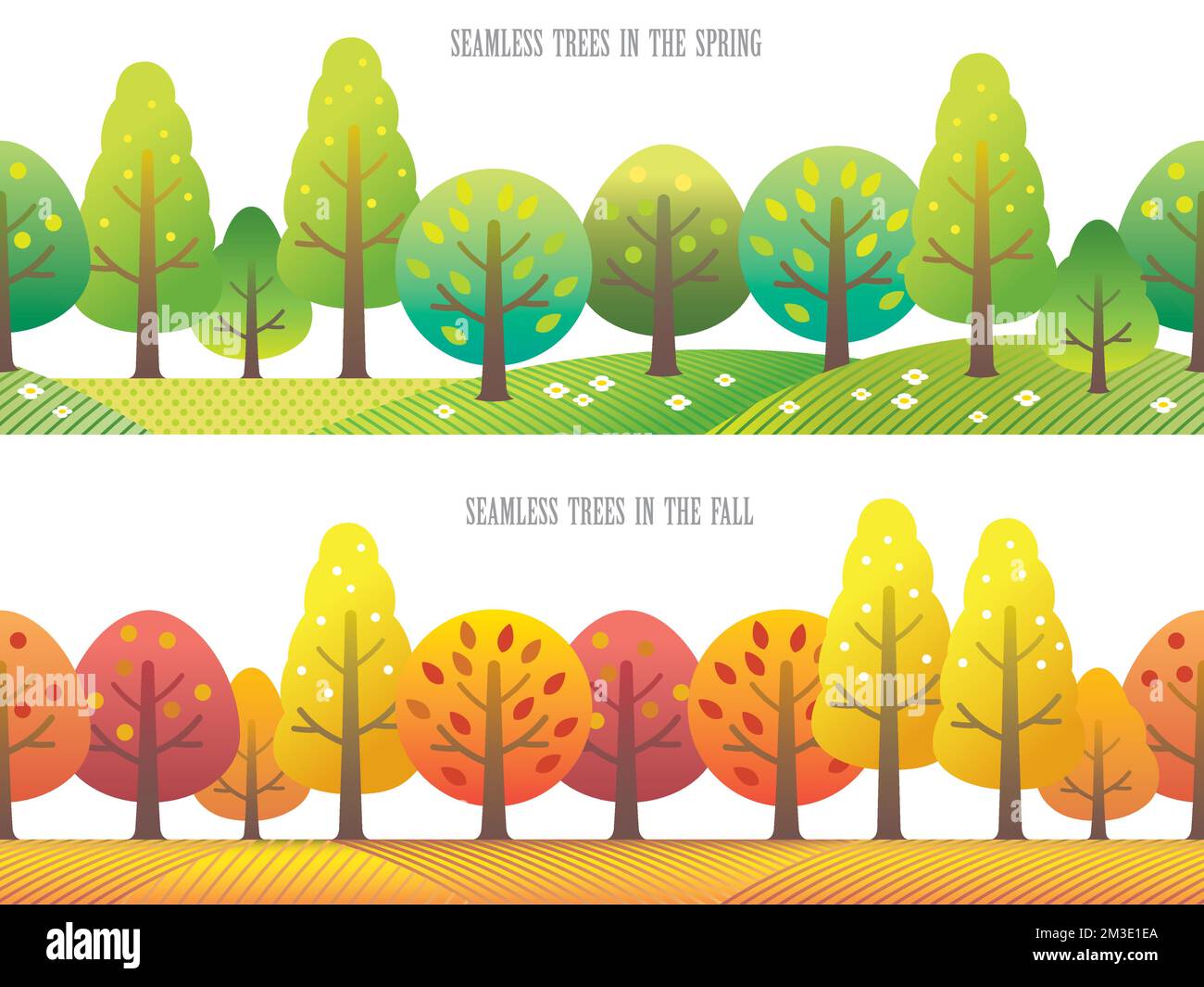 Ensemble de deux illustrations vectorielles forestières cartoonish sans couture. L'un est au printemps et l'autre à l'automne. Répétable horizontalement. Illustration de Vecteur