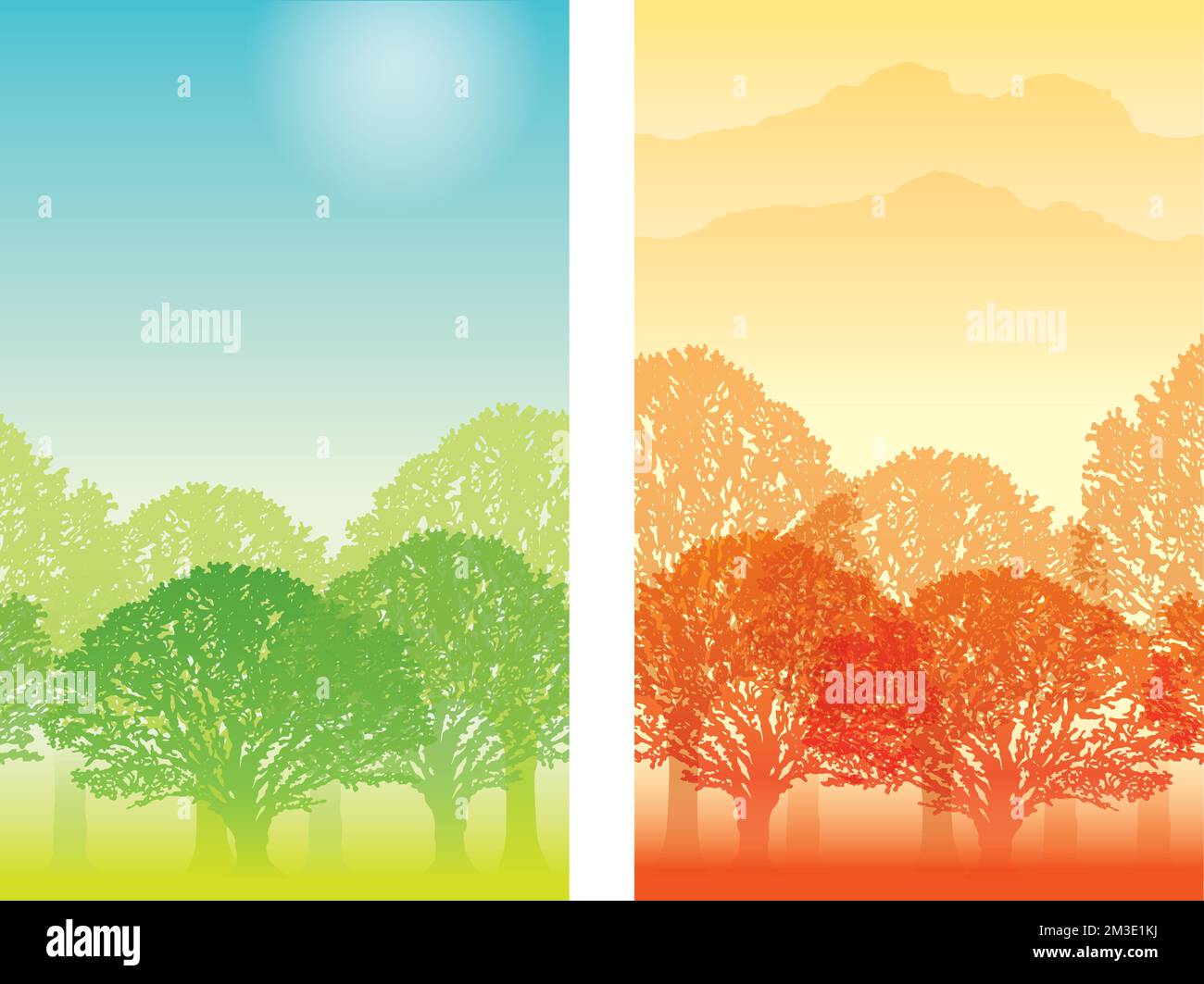 Jeu d'illustrations d'arrière-plan de forêt vectoriel sans couture. L'un est au printemps et l'autre à l'automne. Répétable horizontalement. Illustration de Vecteur