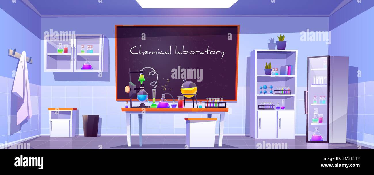Laboratoire de chimie, armoire de chimie vide ou intérieur de salle de classe avec tableau noir, béchers pour les expériences sur le bureau, mobilier et fournitures scientifiques. Illustration vectorielle de dessin animé pour salle d'éducation Illustration de Vecteur
