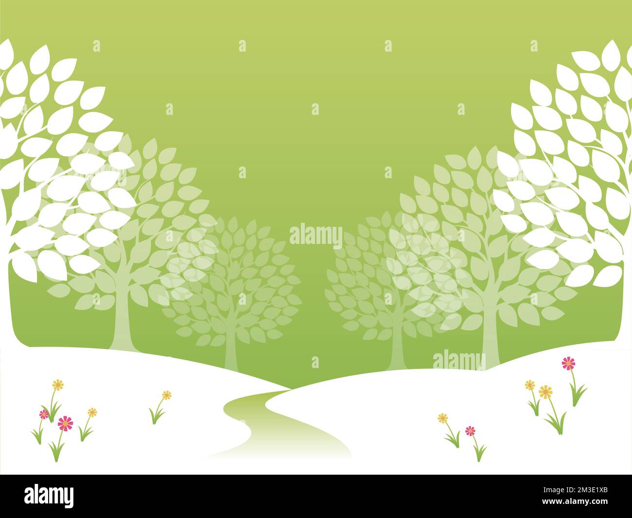 Illustration parfaite de la silhouette de forêt vectorielle printanière avec un col de forêt, des fleurs et un fond vert frais. Répétable horizontalement. Illustration de Vecteur