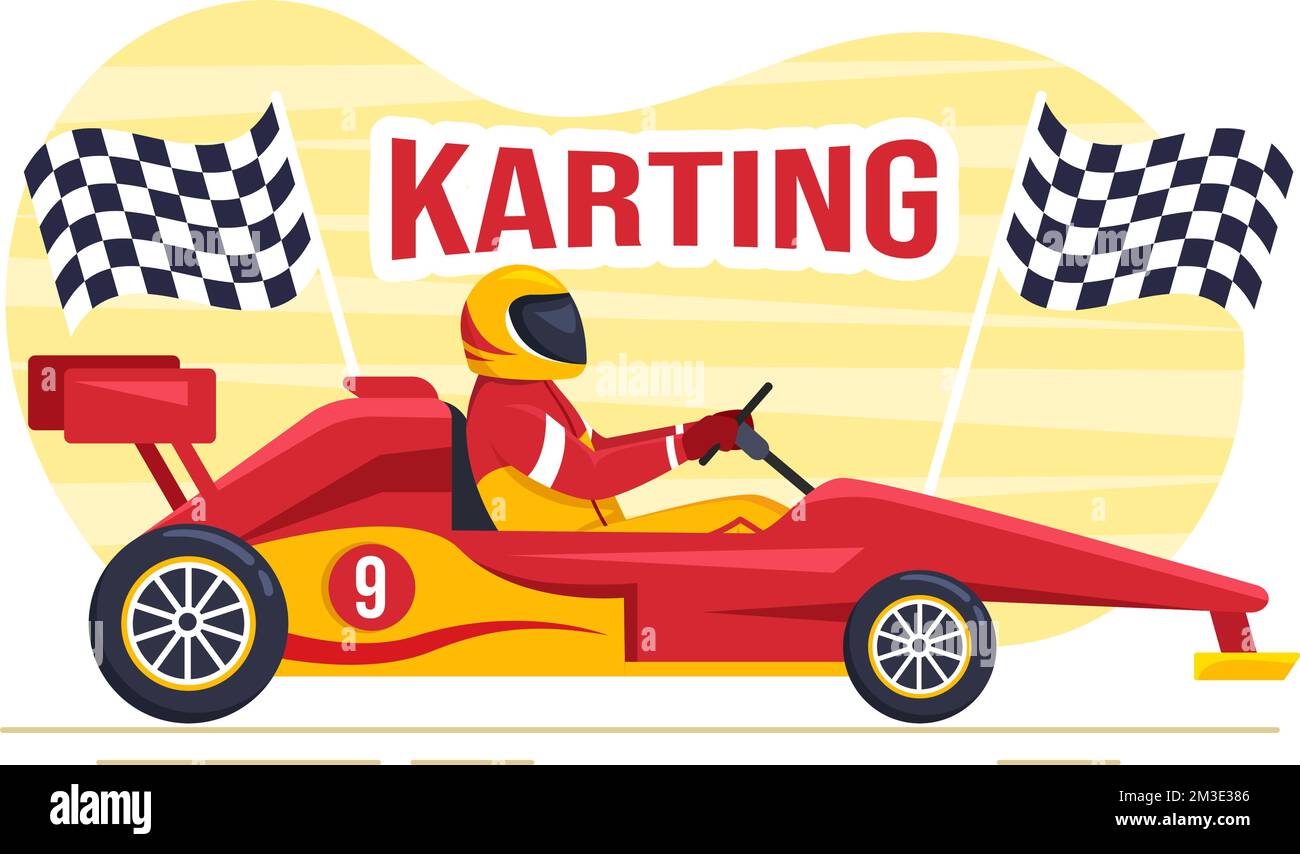 Karting Sport avec jeu de course Go Kart ou Mini car sur piste de petit circuit en dessin animé à la main dessin animé à plat Illustration du modèle Illustration de Vecteur