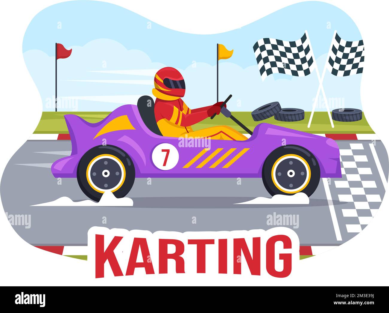 Karting Sport avec jeu de course Go Kart ou Mini car sur piste de petit circuit en dessin animé à la main dessin animé à plat Illustration du modèle Illustration de Vecteur