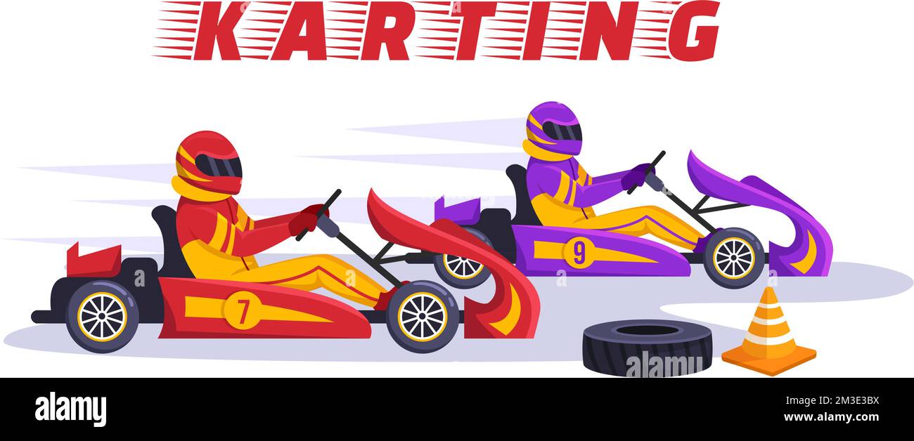 Karting Sport avec jeu de course Go Kart ou Mini car sur piste de petit circuit en dessin animé à la main dessin animé à plat Illustration du modèle Illustration de Vecteur