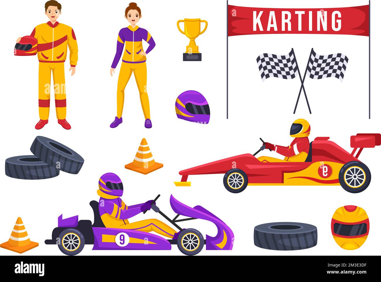 Karting Sport avec jeu de course Go Kart ou Mini car sur piste de petit circuit en dessin animé à la main dessin animé à plat Illustration du modèle Illustration de Vecteur