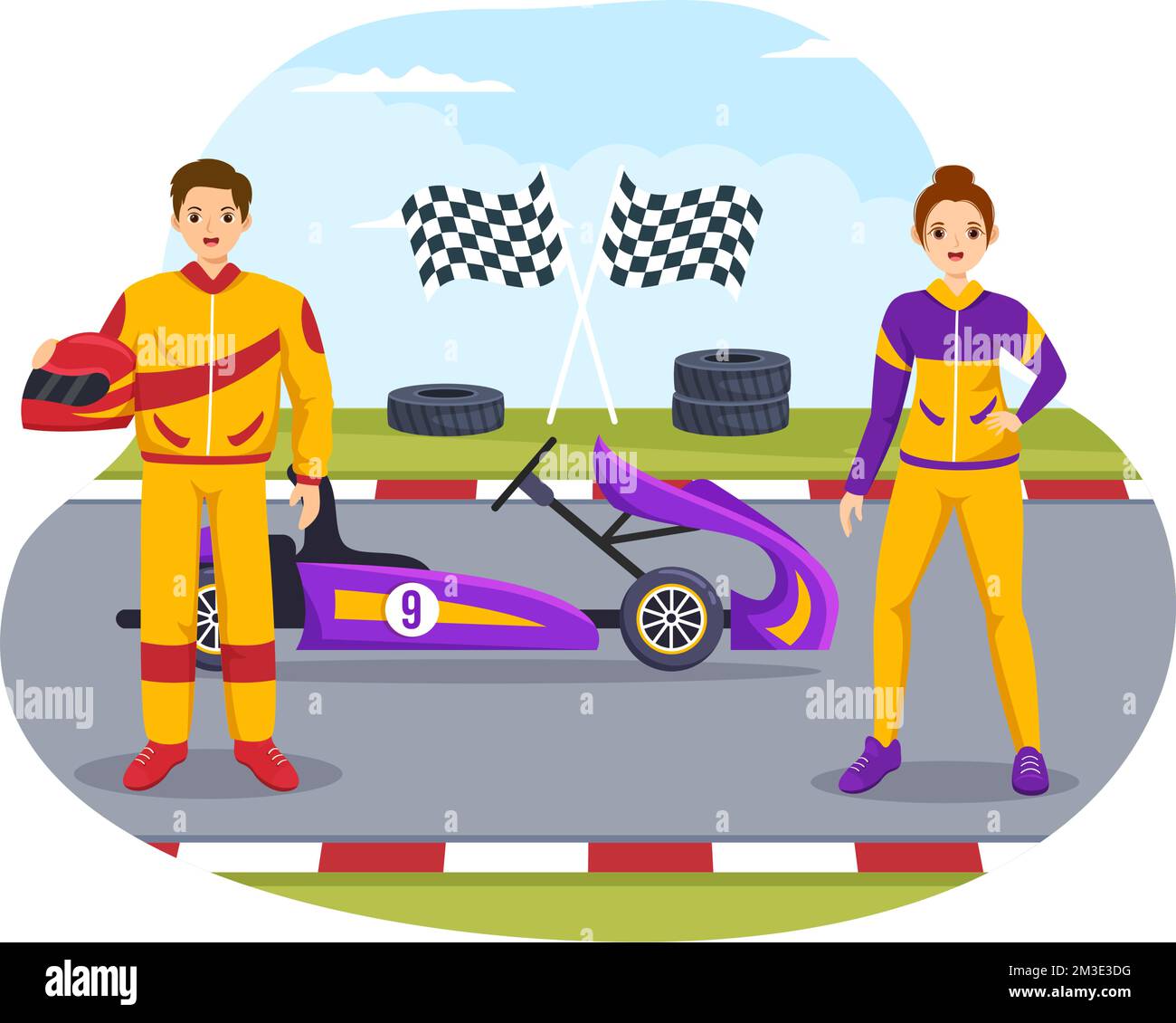 Karting Sport avec jeu de course Go Kart ou Mini car sur piste de petit circuit en dessin animé à la main dessin animé à plat Illustration du modèle Illustration de Vecteur