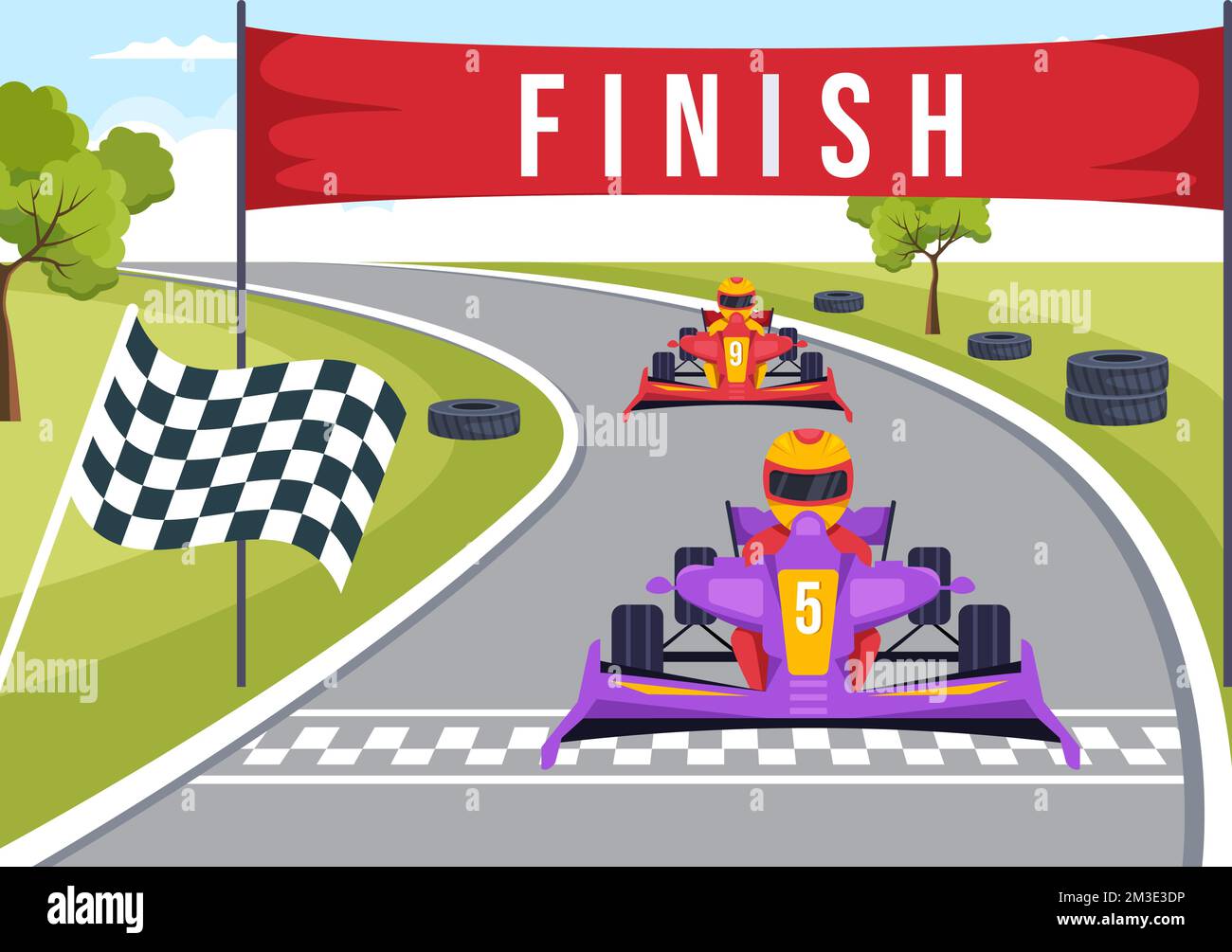 Karting Sport avec jeu de course Go Kart ou Mini car sur piste de petit circuit en dessin animé à la main dessin animé à plat Illustration du modèle Illustration de Vecteur