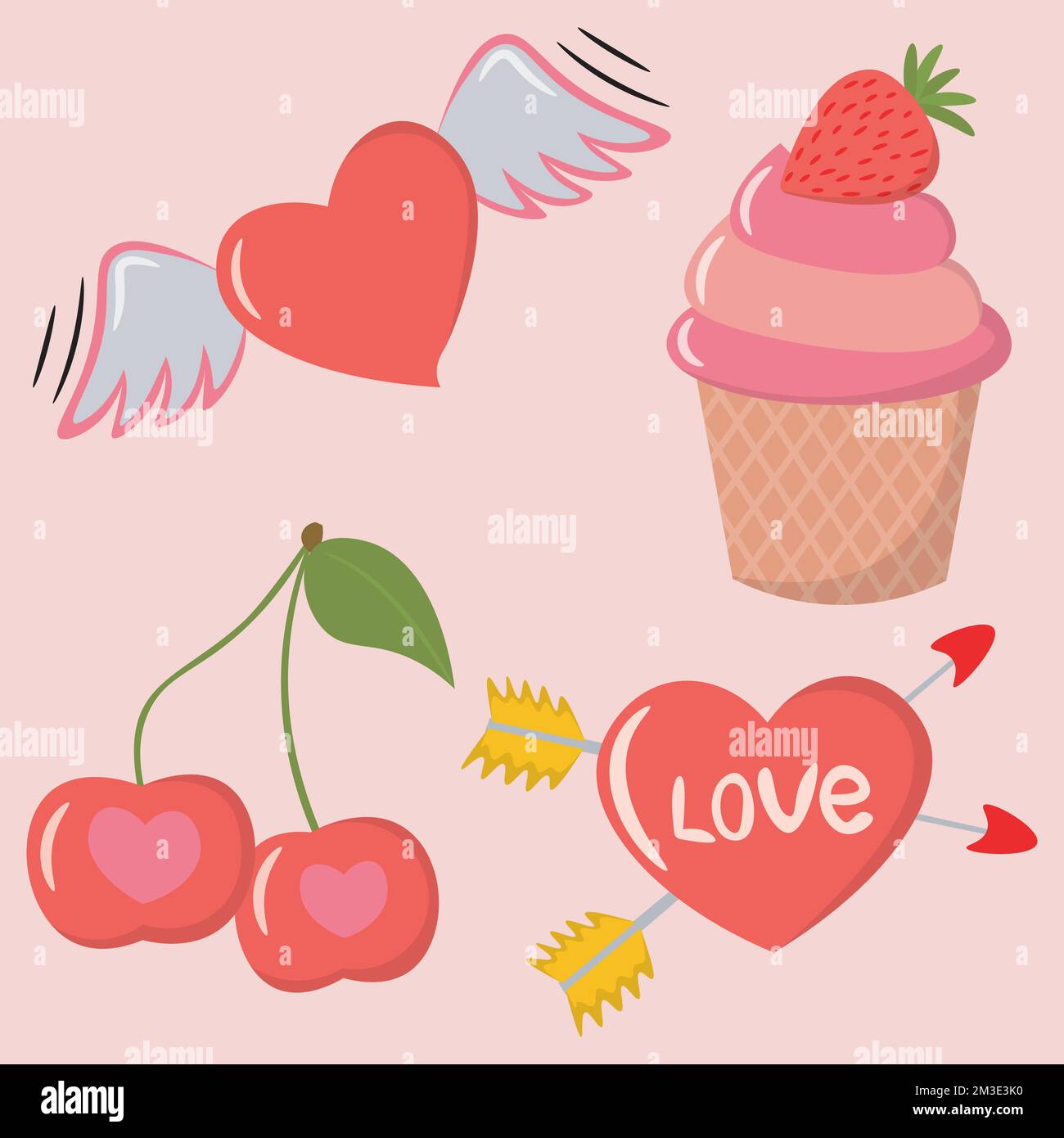 saint valentin ensemble photo de jour avec coeur volant, gâteau, cerise et coeur avec flèches Illustration de Vecteur